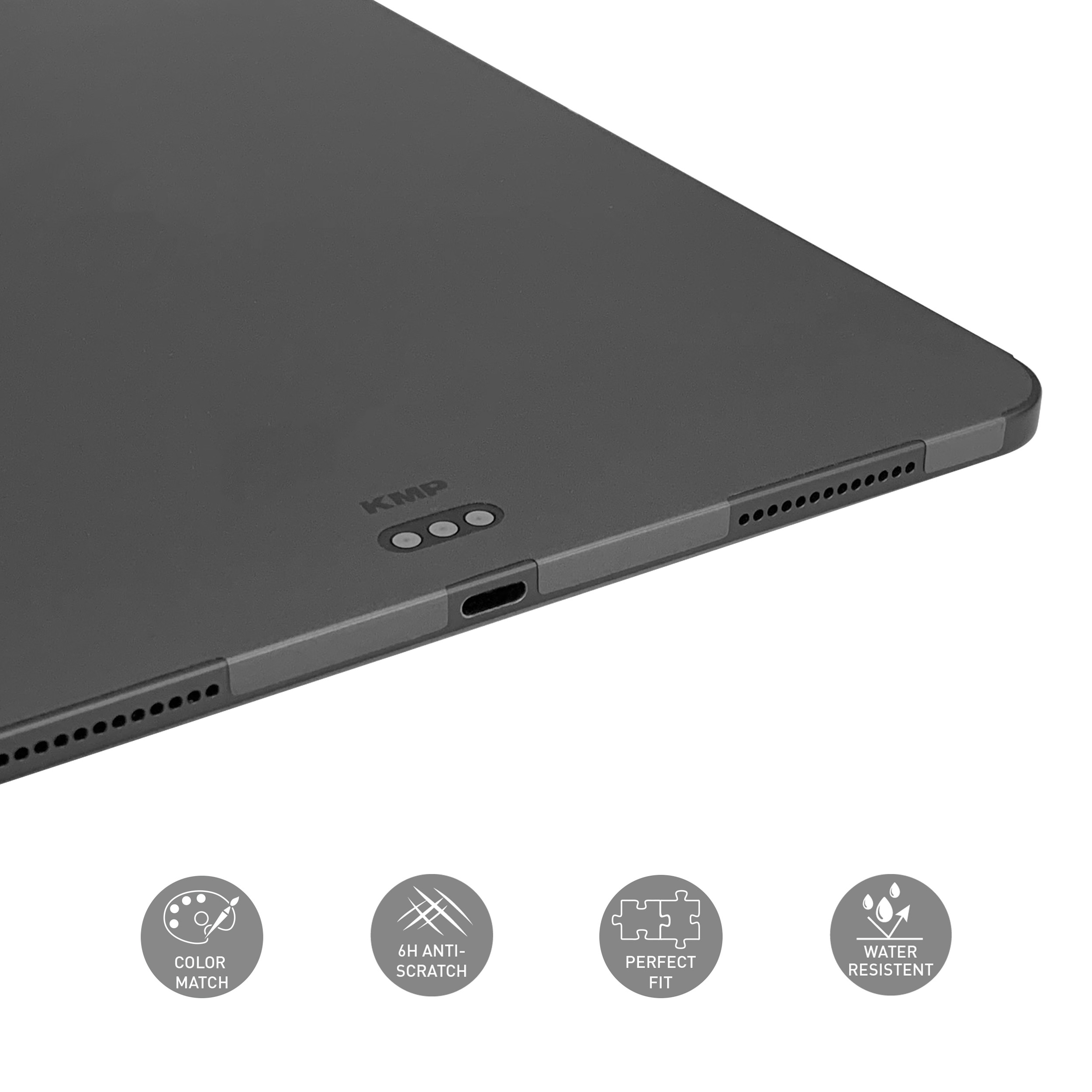 Dunkelgraues Tablet mit drei Löchern und Ladeanschluss. Merkmale sind Farbabgleich und Wasserfestigkeit.
