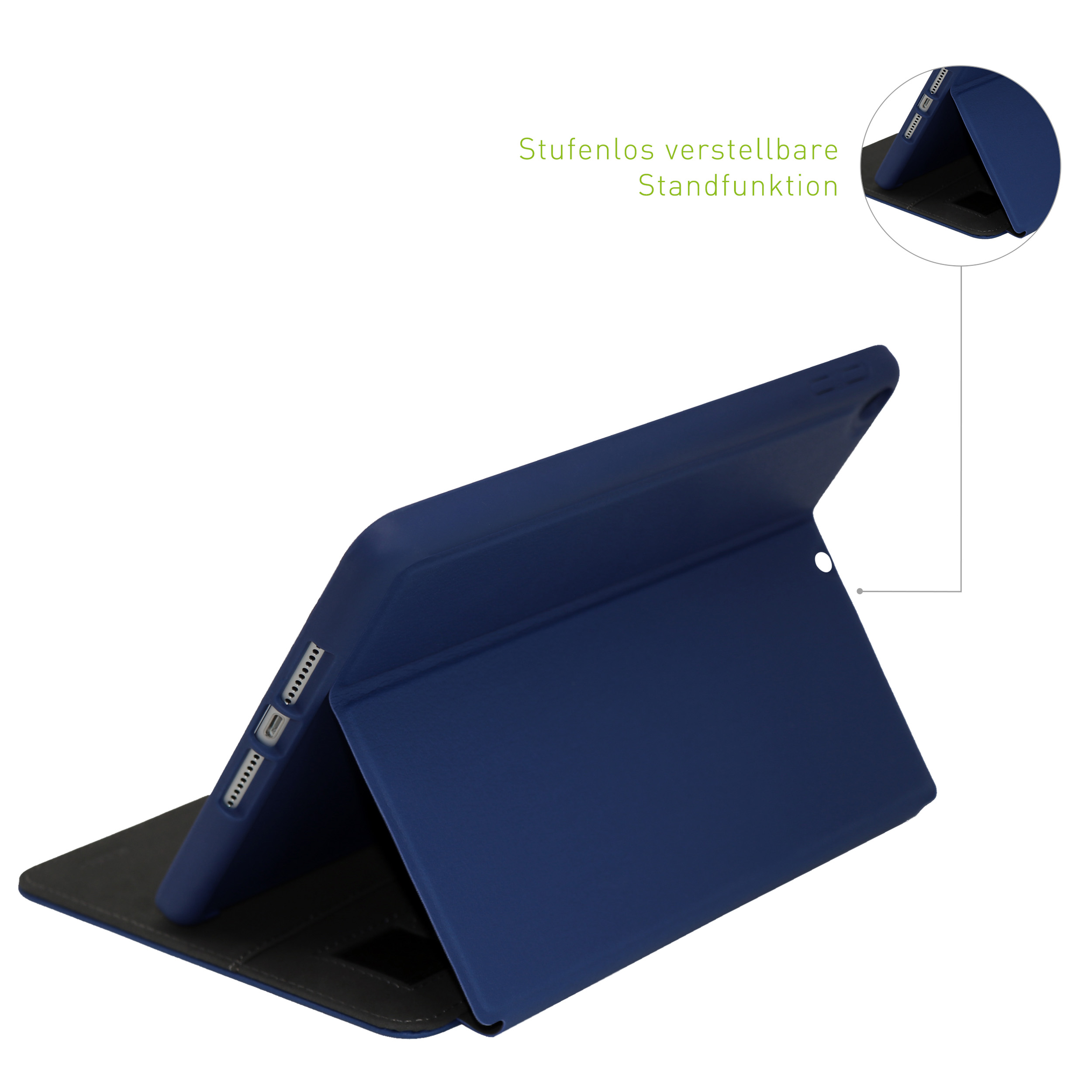Blaue Tablet-Hülle, teilweise geöffnet, mit Standfunktion und einem inset-Bild der Hülle.