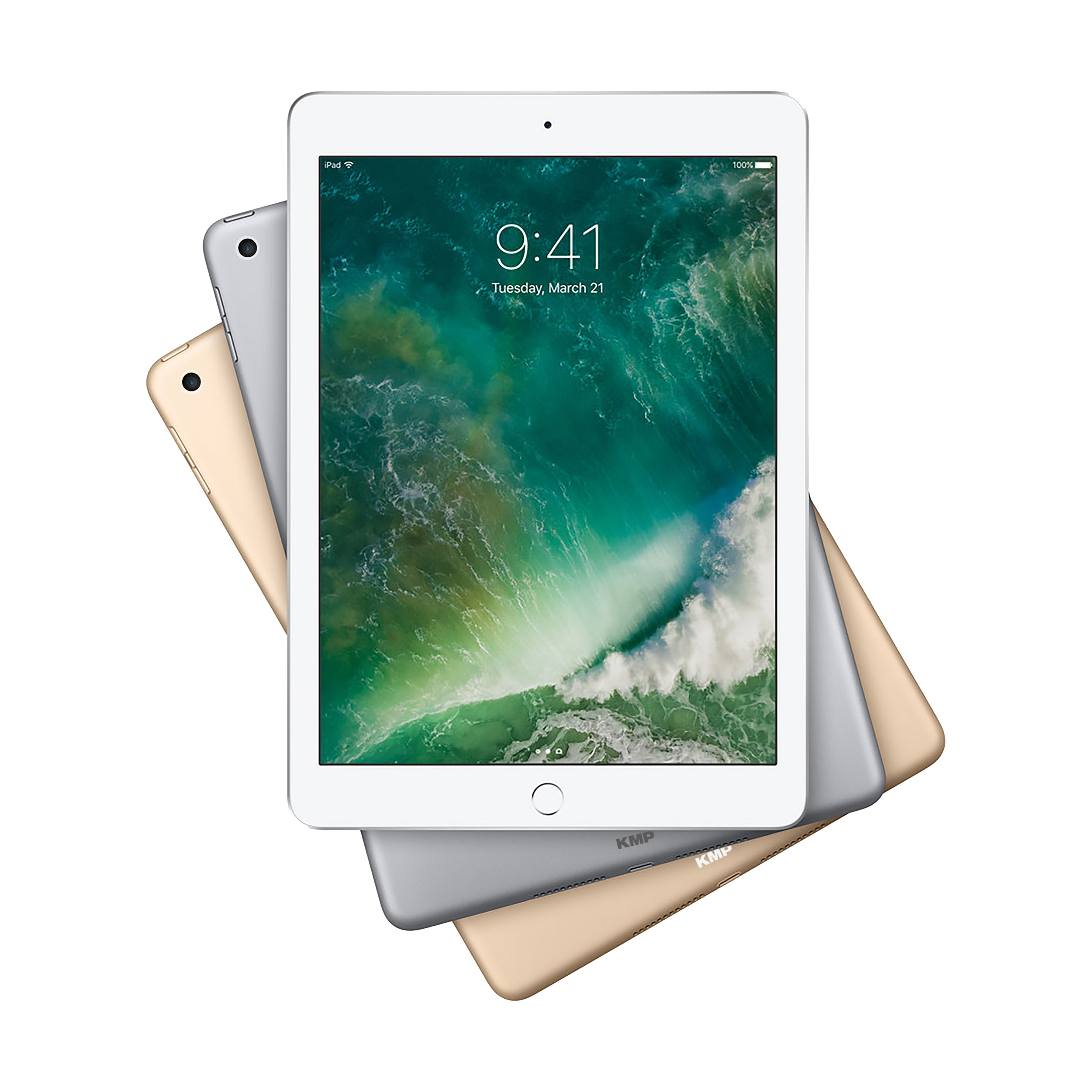 Drei iPads, eines weiß, eines goldfarben und eines silberfarben, überlappen sich auf weißem Hintergrund.