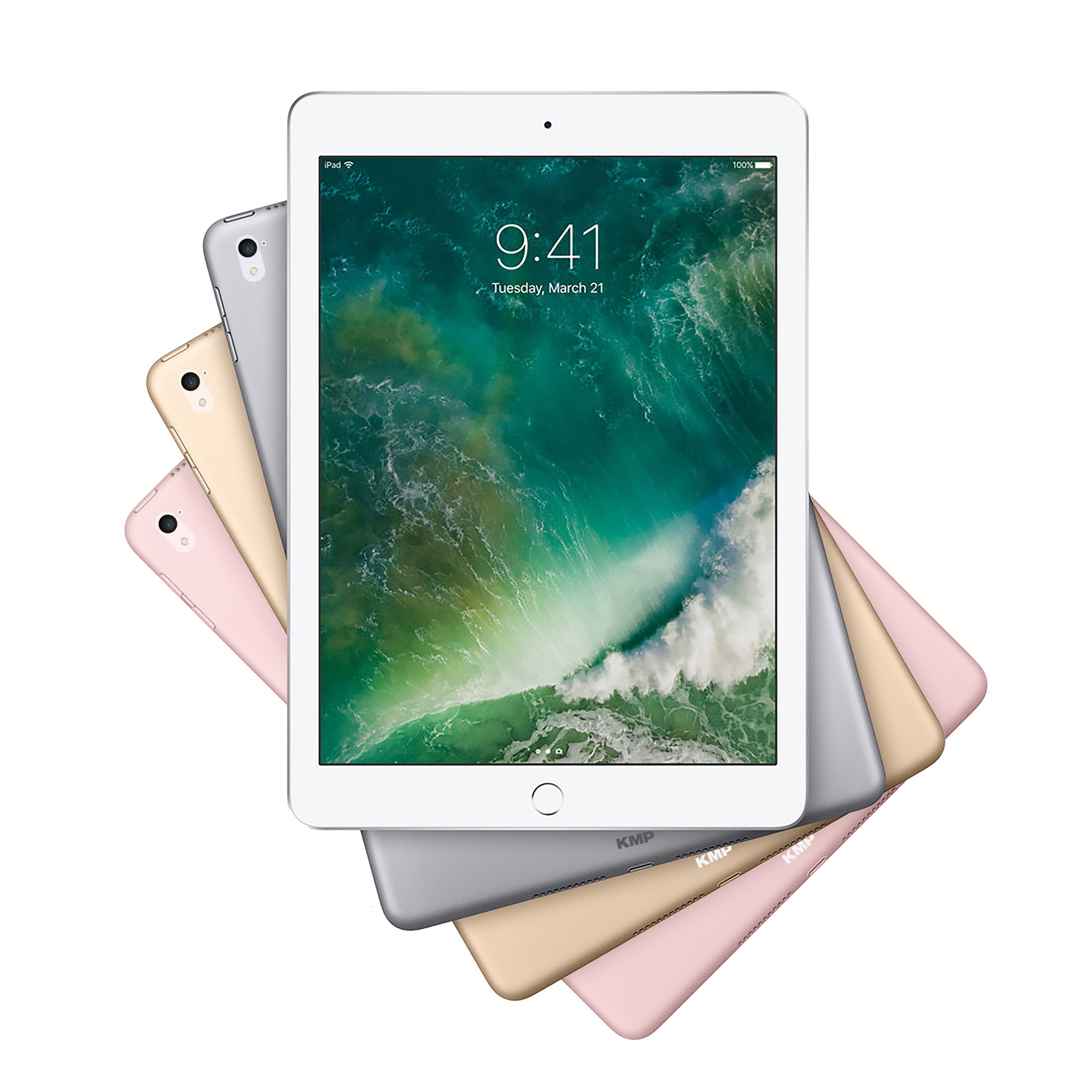 Mehrere iPads in verschiedenen Farben gestapelt. Der weiße Bildschirm eines iPads ist sichtbar.