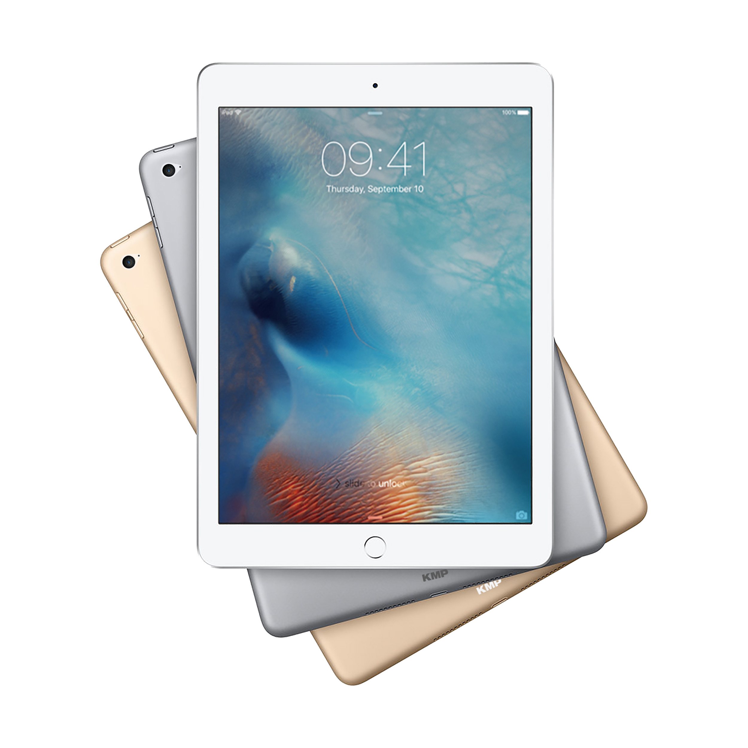 Drei iPads in Silber und Gold, diagonal gestapelt, auf weißem Hintergrund.