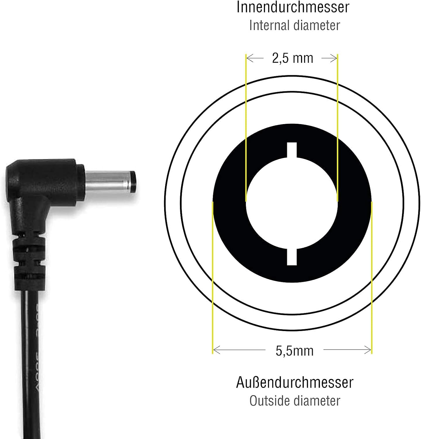 Gleichstromanschluss. Kabel, Stecker und Diagramm mit Messungen. Schwarz-Weiß, auf weißem Hintergrund.