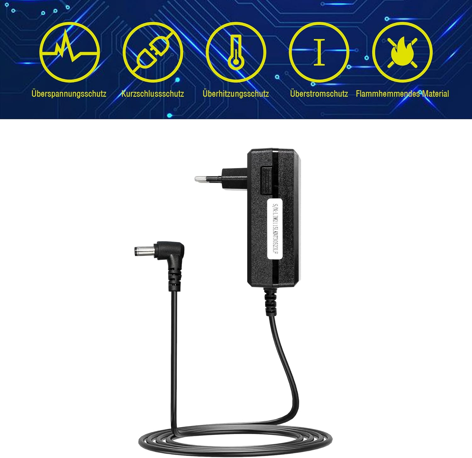 Schwarzer Netzadapter mit schwarzem Kabel und einigen Symbolen, die seine Funktionen beschreiben.