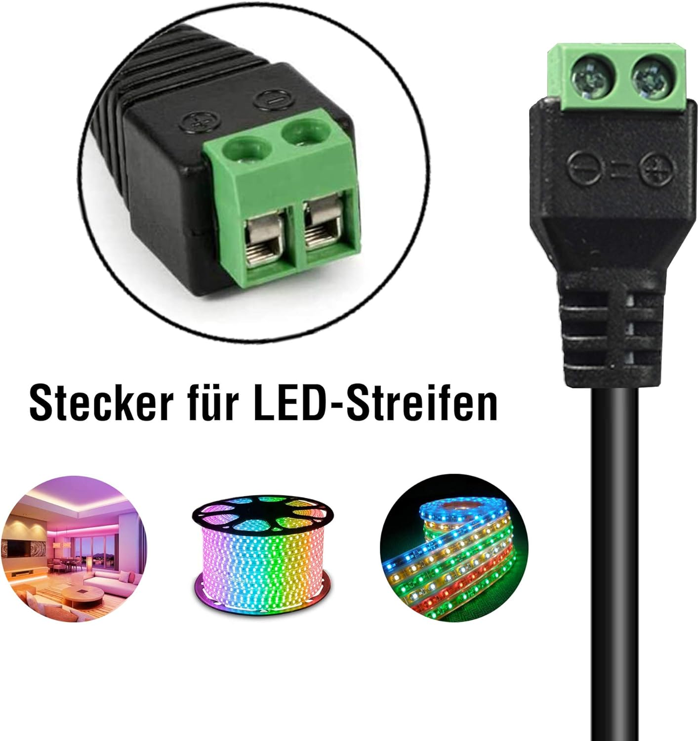 Nahaufnahme eines Steckers für LED-Streifen, mit drei Beispielen: farbenfrohe LED-Streifen auf einer Rolle und im Einsatz.