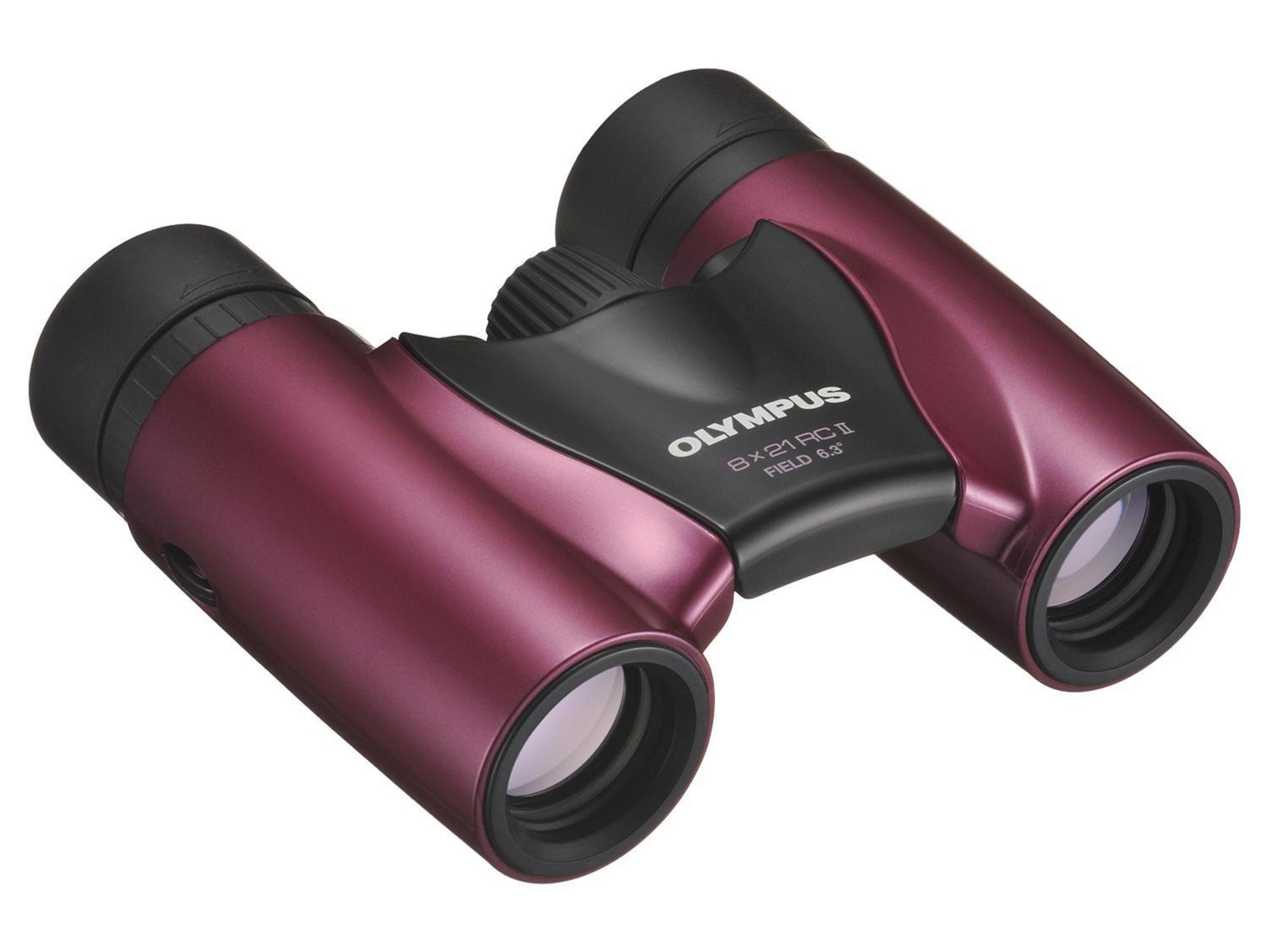 Bordowe lornetki z czarnymi detalami. Widoczne soczewki i pokrętło ostrości.