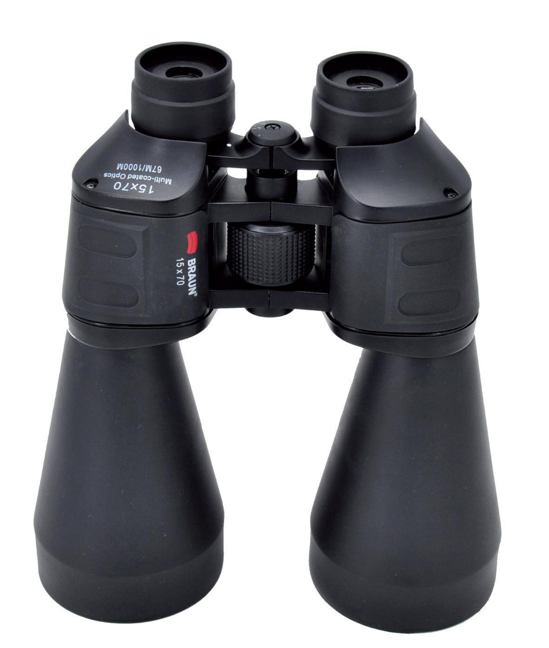 Binocolo nero su sfondo bianco, con marchio Braun e specifiche.