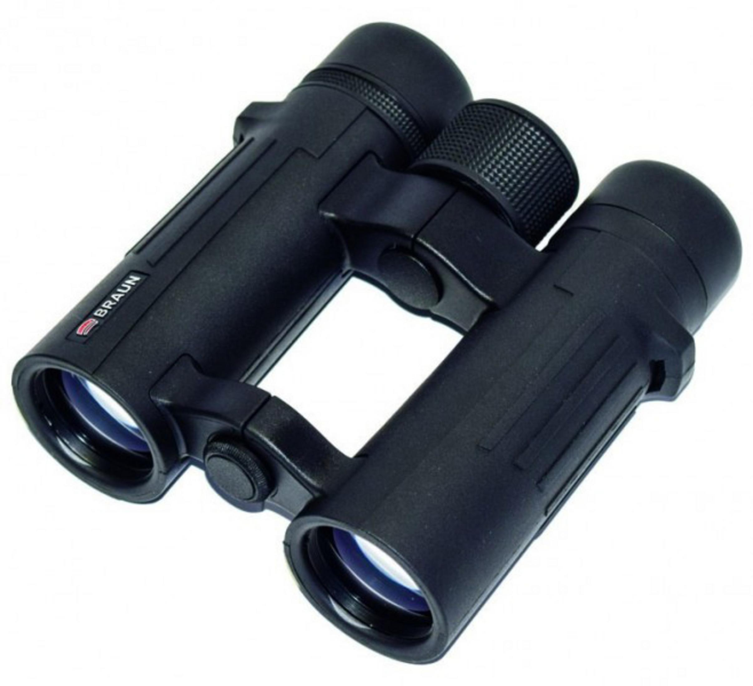 Schwarzes Fernglas mit schwarzen Linsen. Sie sind auf den Betrachter ausgerichtet.