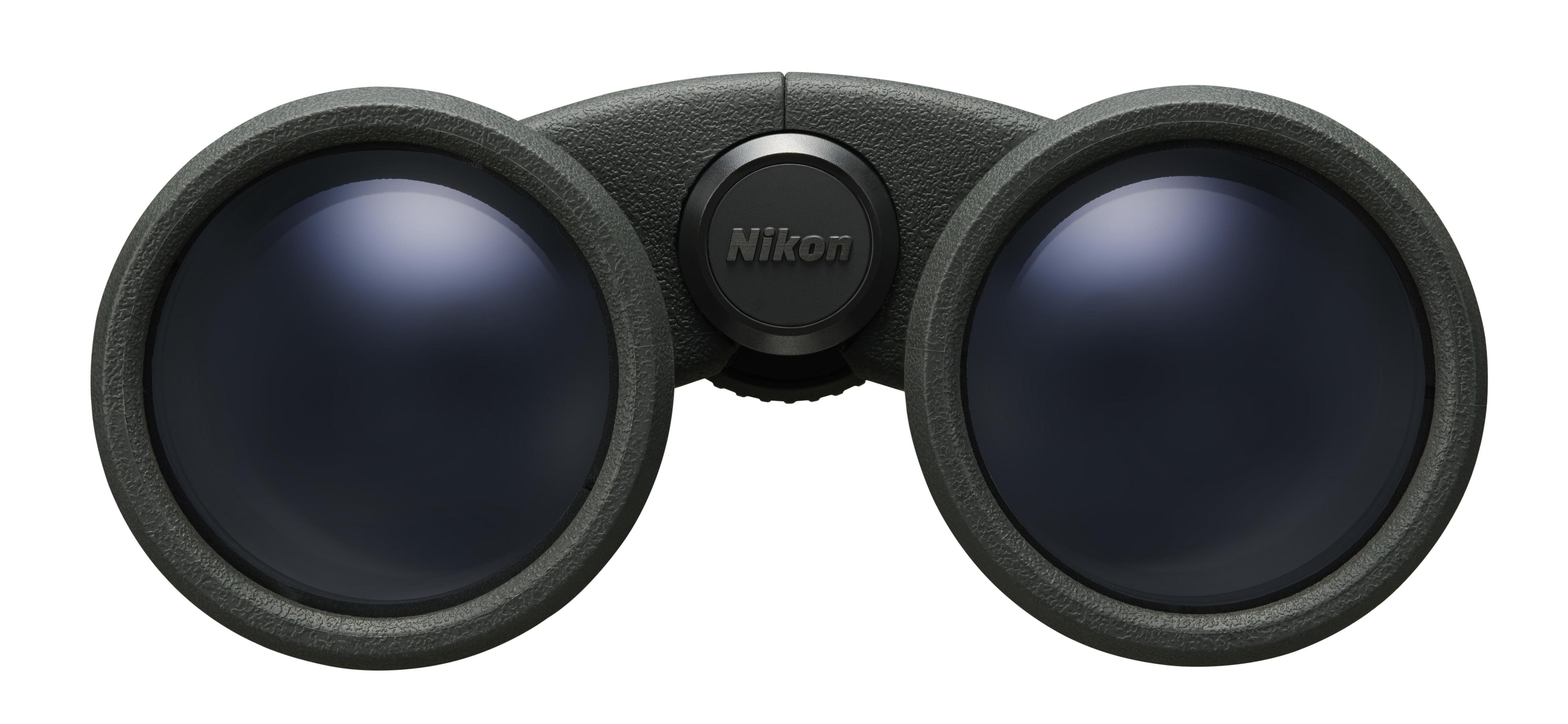 Lornetka Nikon, czarna z logo Nikon pośrodku.