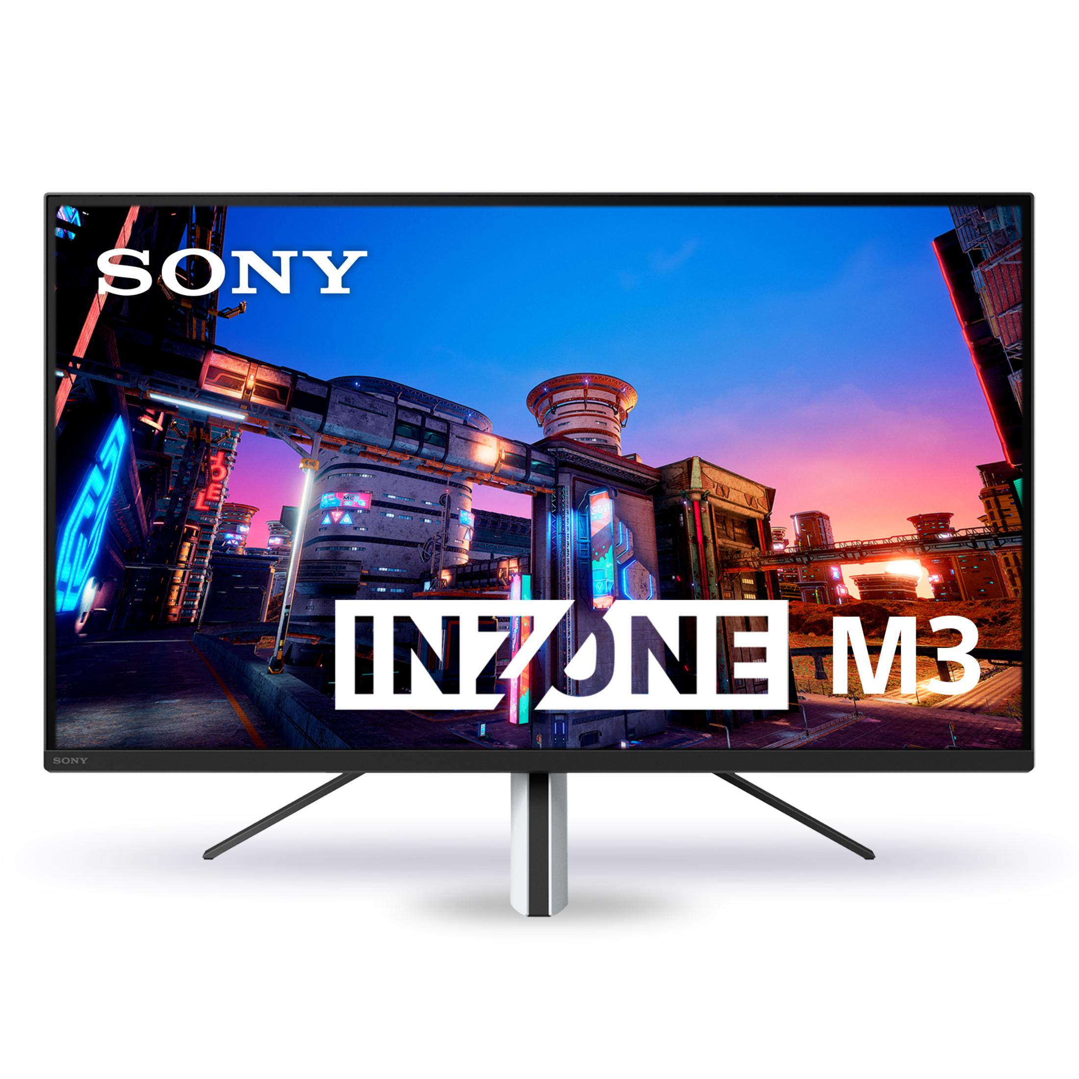 SONY INZONE M3 Monitor mit futuristischer Stadtszene auf dem Bildschirm.