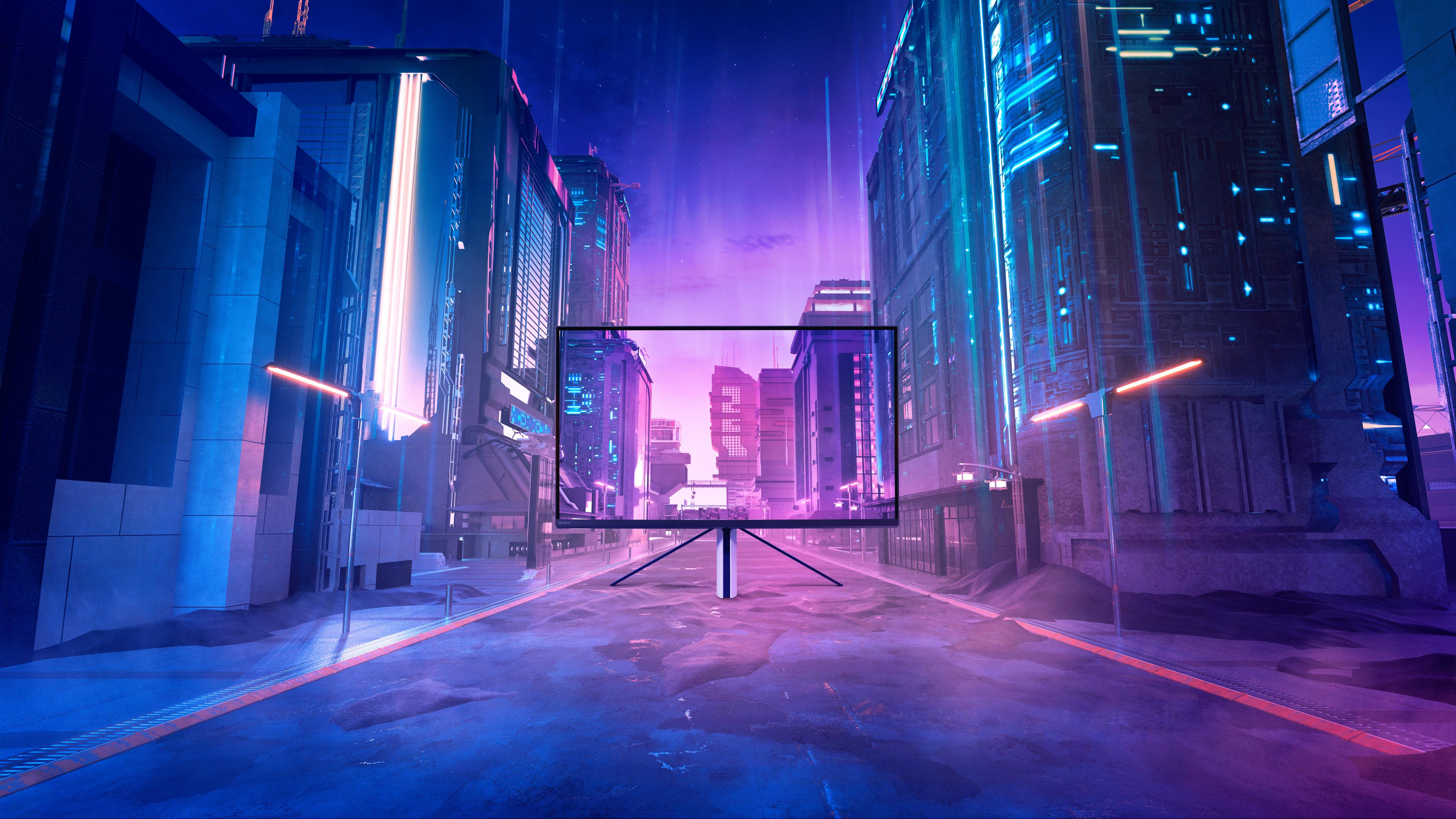 Ein großer Computermonitor in einer futuristischen Stadt mit Neonlichtern.