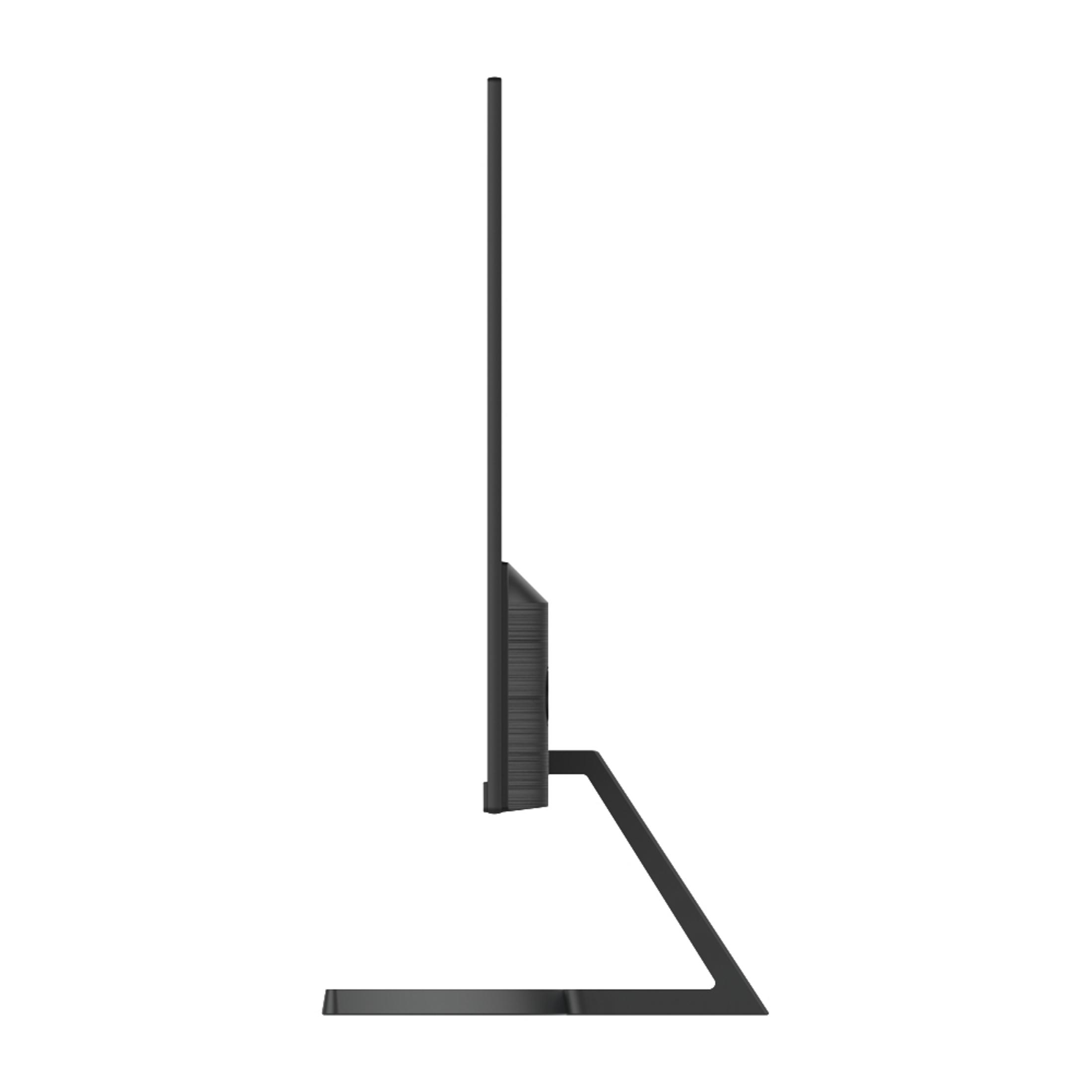 Widok z boku czarnego monitora z czarną podstawą i stojakiem na białym tle.