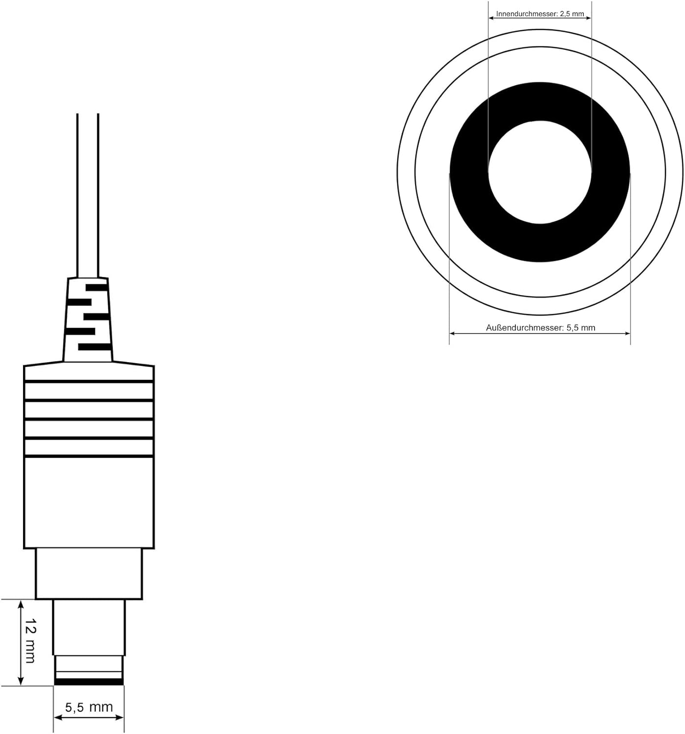 Diagramm eines 3,5-mm-Audioanschlusses und seiner Abmessungen, vor weißem Hintergrund dargestellt.