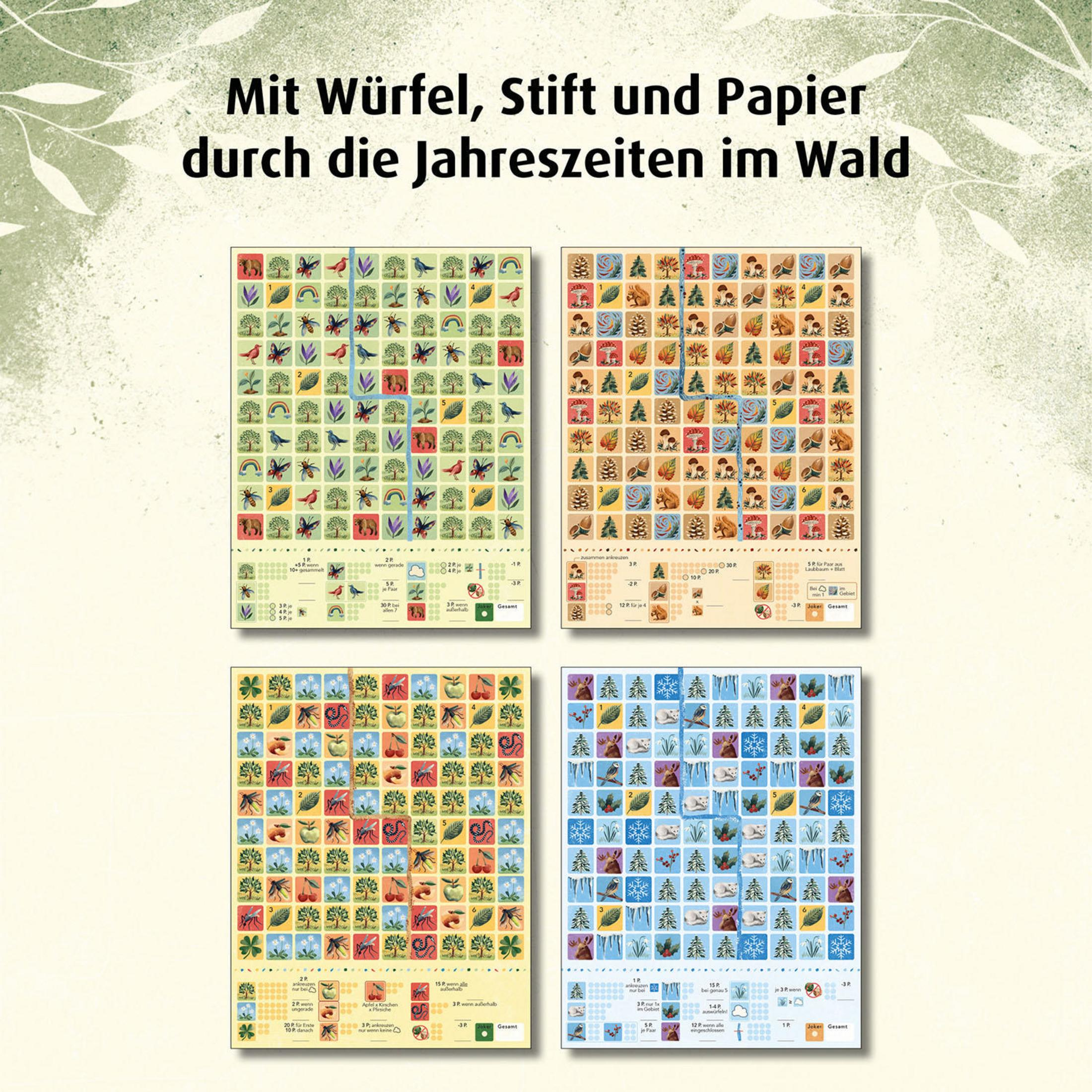 Vier Spielbretter mit farbenfrohen Grafiken und Text. Beiger Hintergrund.