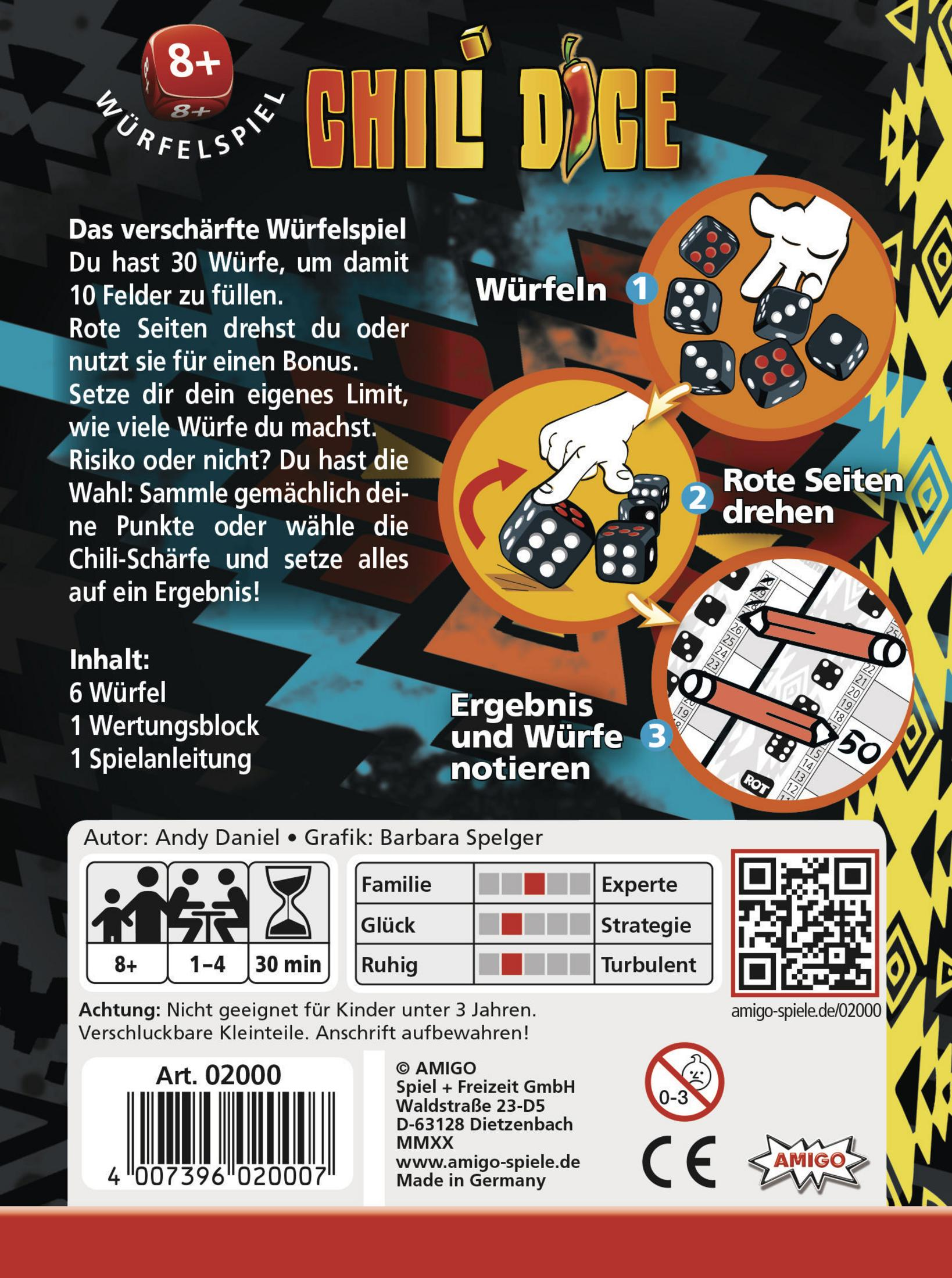 Die Rückseite einer Brettspielbox, die Würfel und Spielanweisungen zeigt.