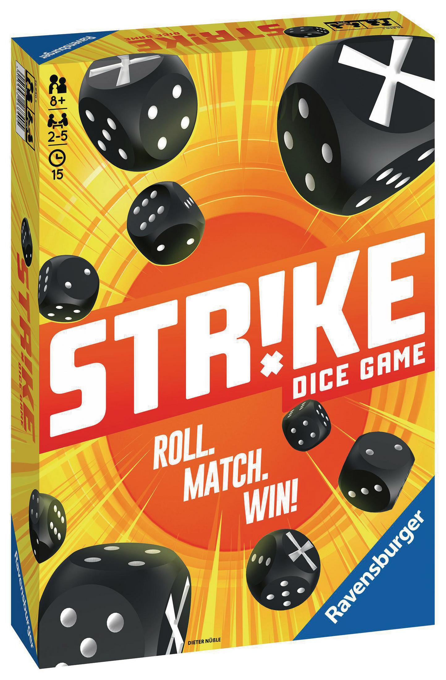 Eine Spielbox mit schwarzen Würfeln. Der Spieletitel ist "Strike! Dice Game".