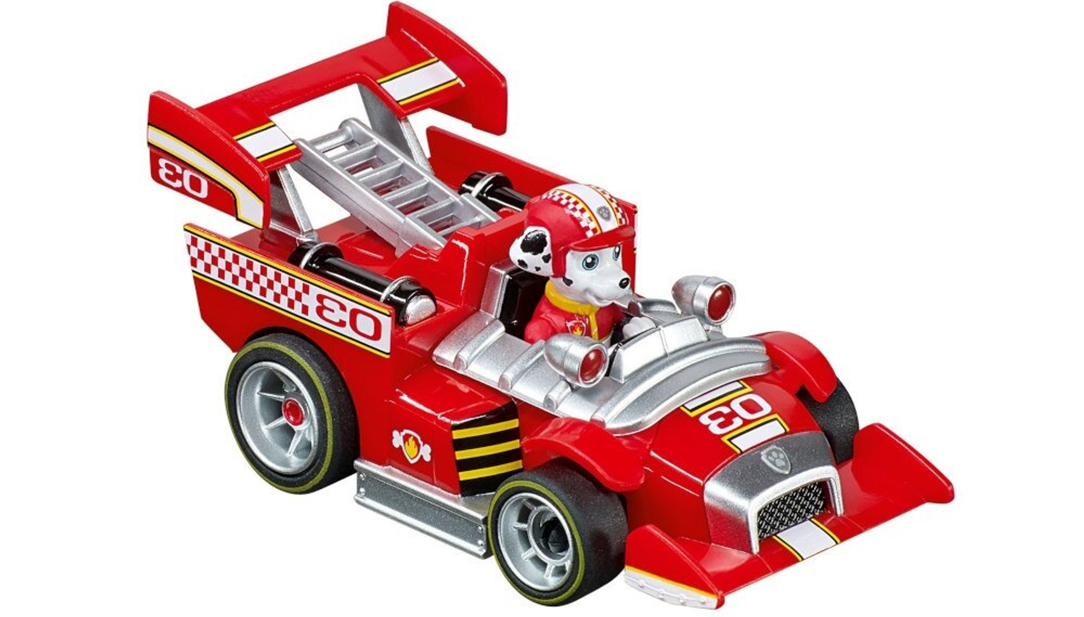Speelgoed raceauto, rood met witte accenten, Marshall van Paw Patrol rijdt.