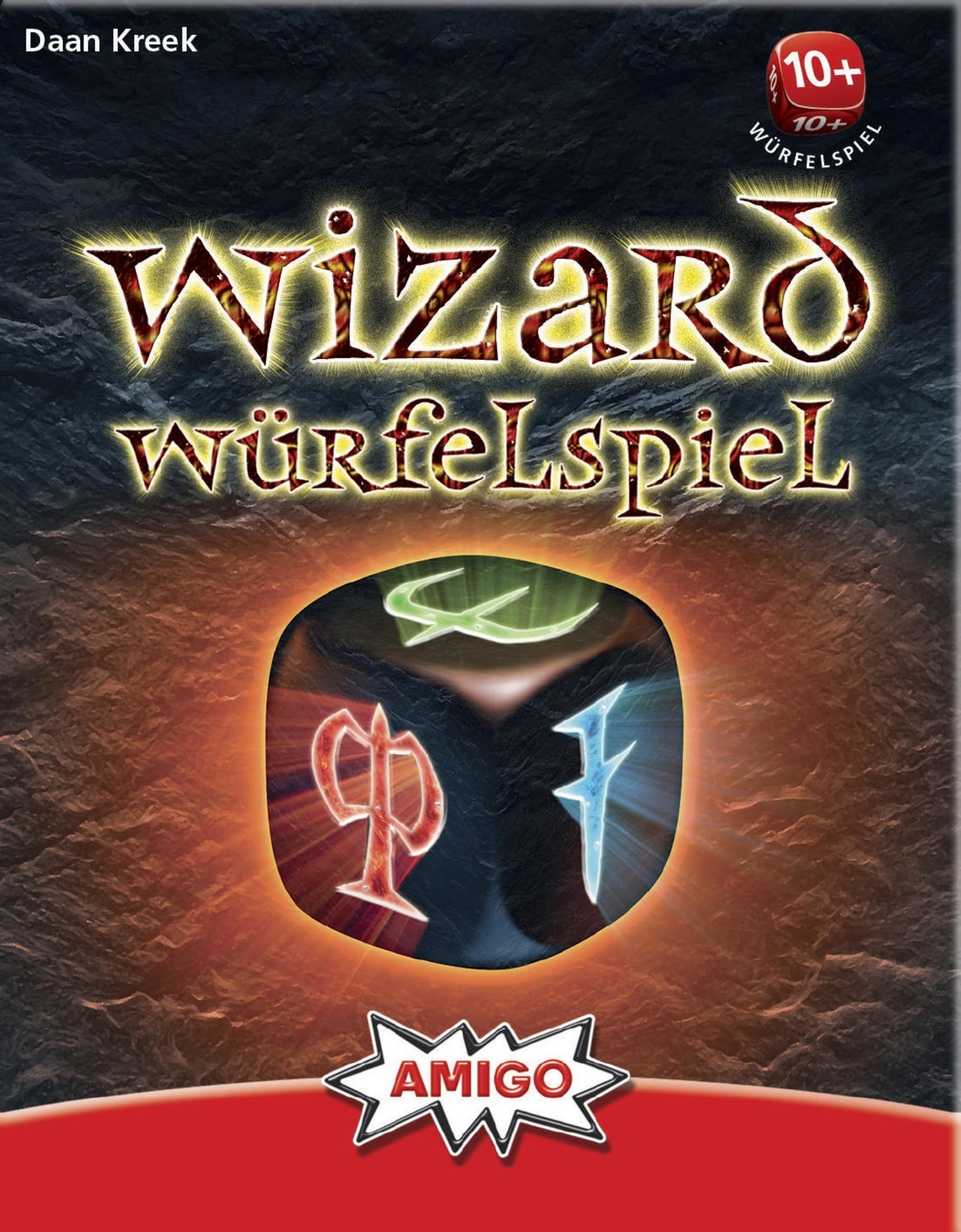 Wizard Würfelspiel Spielbox. Roter und oranger Hintergrund, Würfel mit Symbolen. Text oben.
