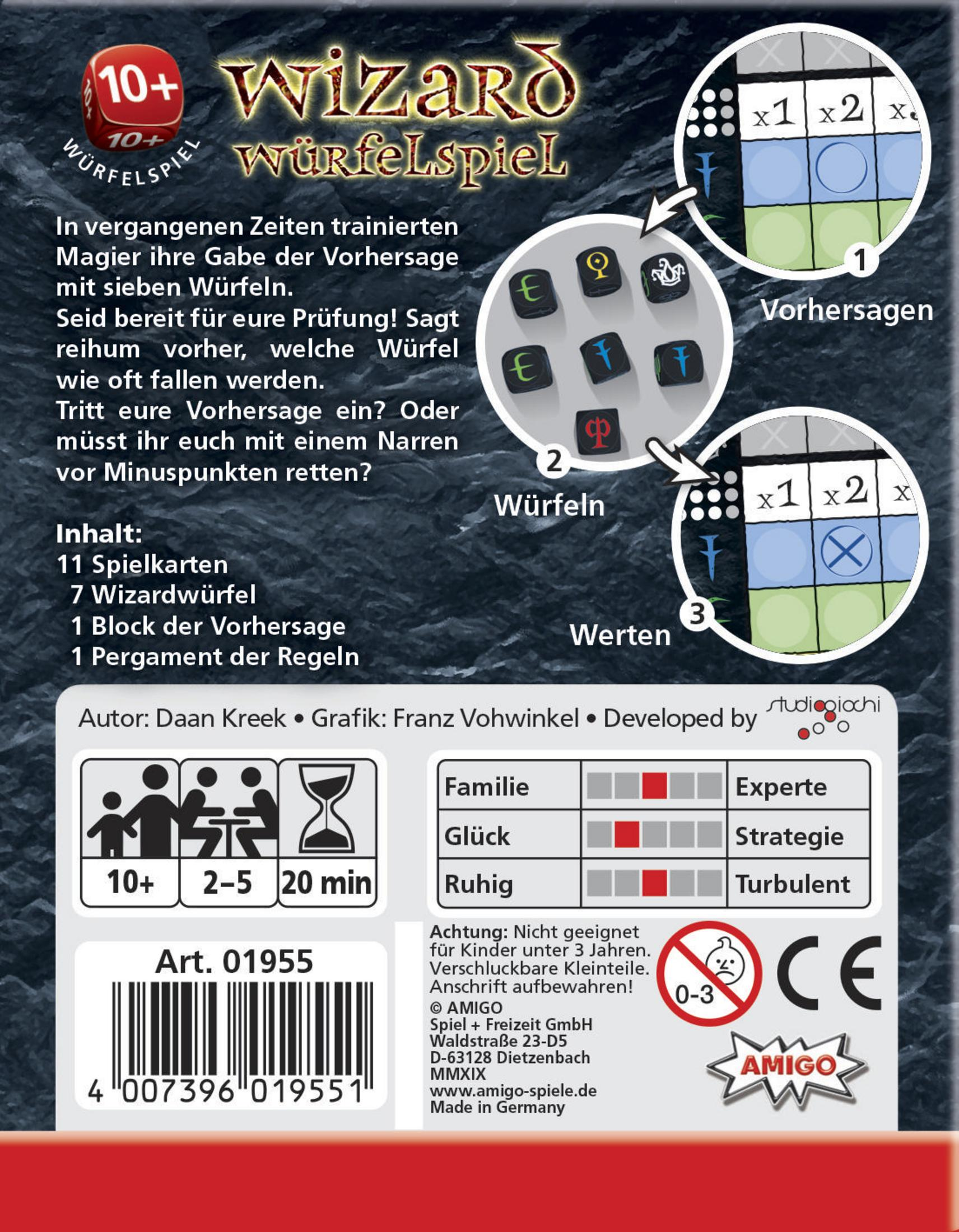 Rückseite einer Brettspielbox, mit Spielregeln und Würfeln.