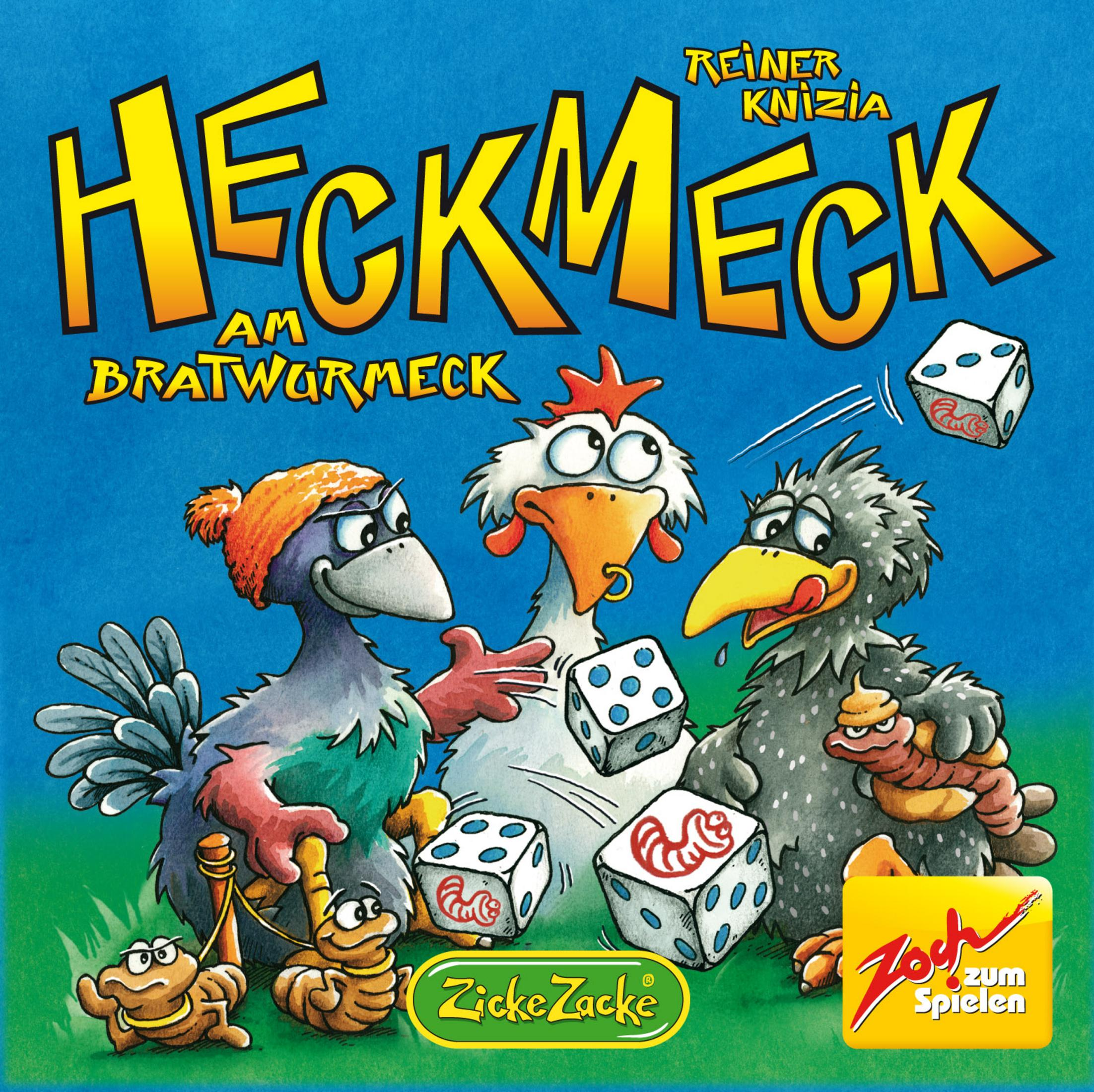 Spielbox für 'Heckmeck am Bratwurmeck' mit drei Comic-Krähen und Würfeln. Blauer Hintergrund mit Text.