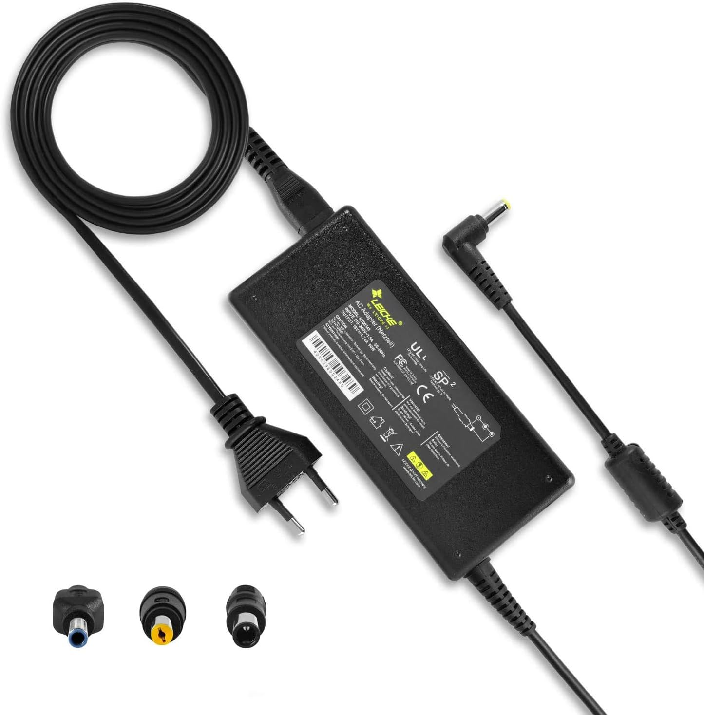 Schwarzes Netzteil mit mehreren Steckern und Kabeln. Enthält einen US-Stecker und verschiedene Anschlusstypen.