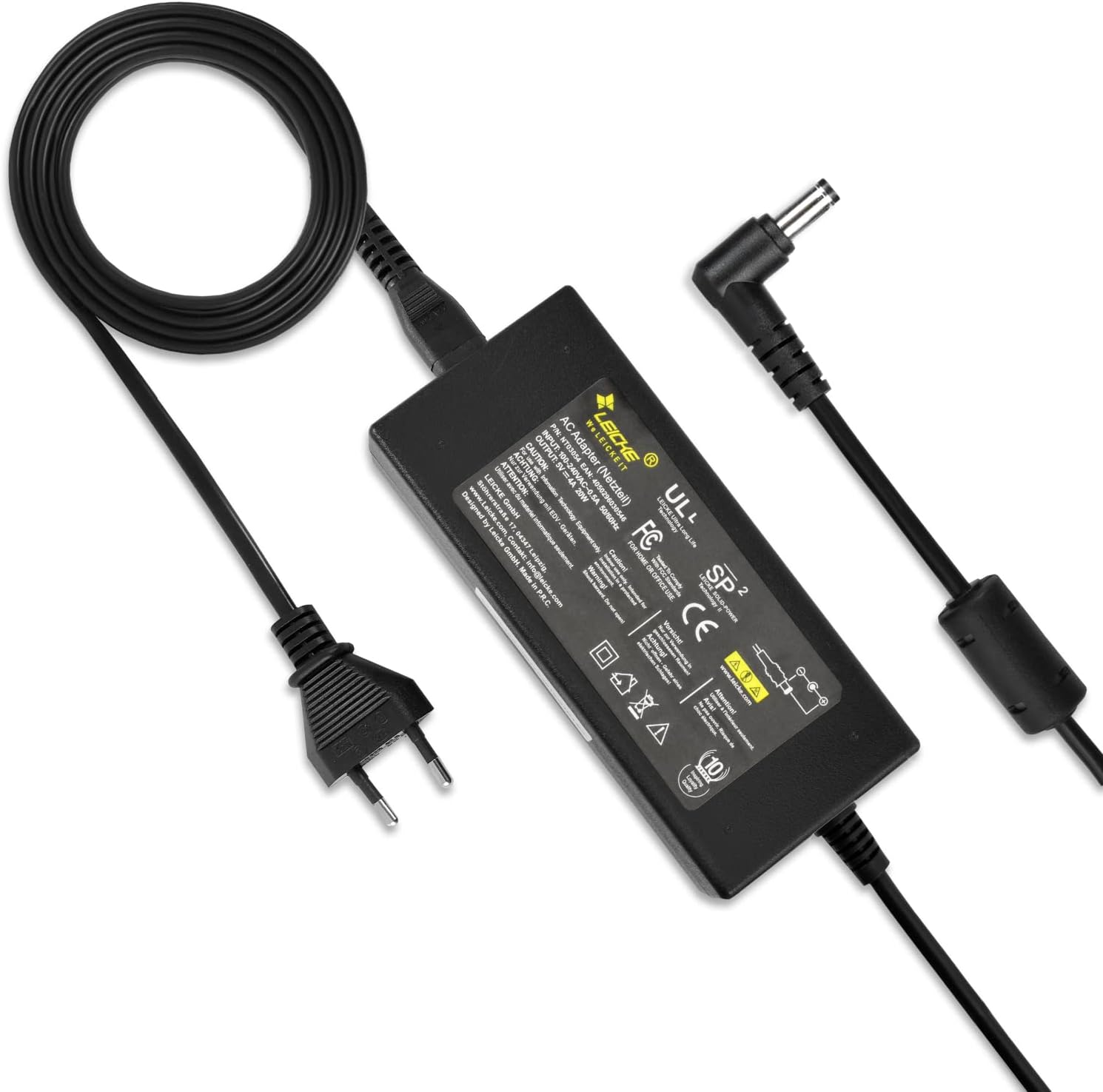 Ein schwarzes Netzteil mit Stecker und zwei Ausgangskabeln, eins mit Winkelstecker.