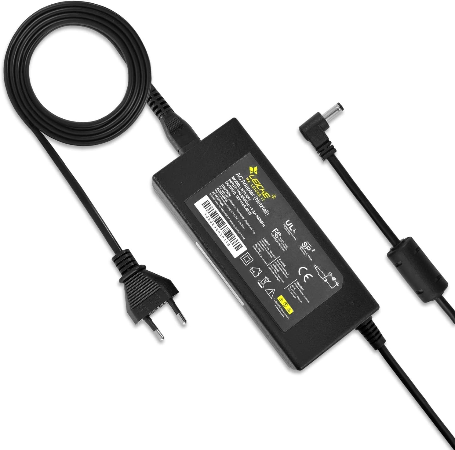 Schwarzer AC-Adapter mit Stecker und Anschluss. Kabel sind schwarz.