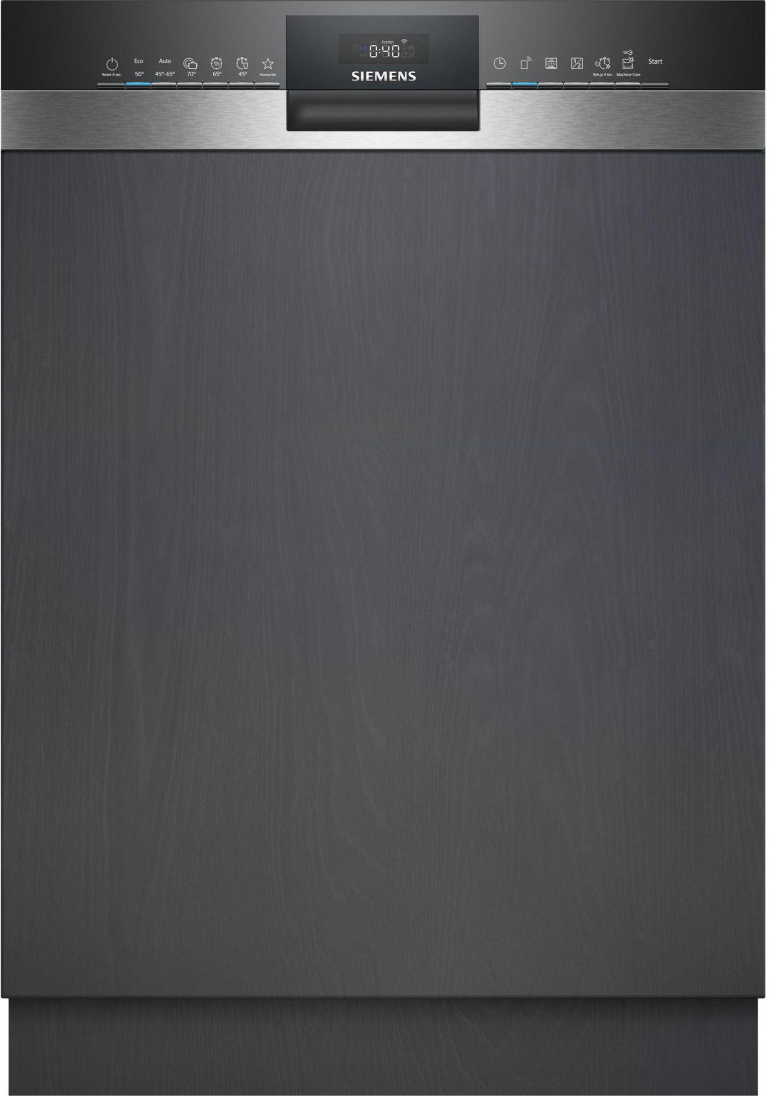 Un lave-vaisselle gris foncé avec un affichage numérique et des accents en acier inoxydable.
