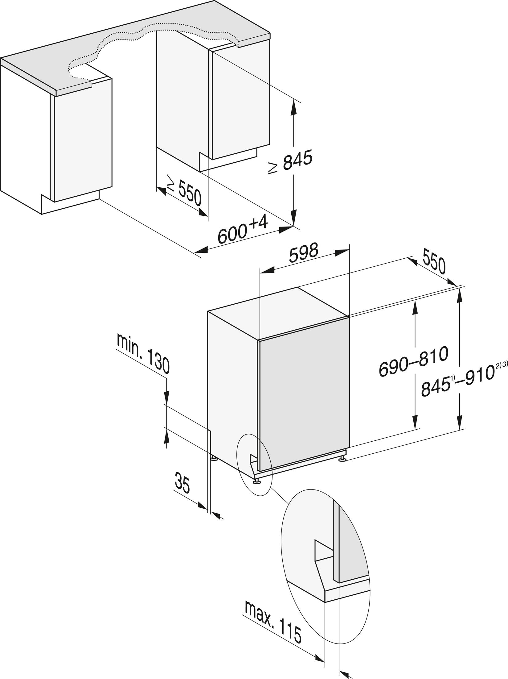 Diagramm eines Einbaugeschirrspülers mit Maßen. Draufsicht auf den Schrank und den Geschirrspüler.