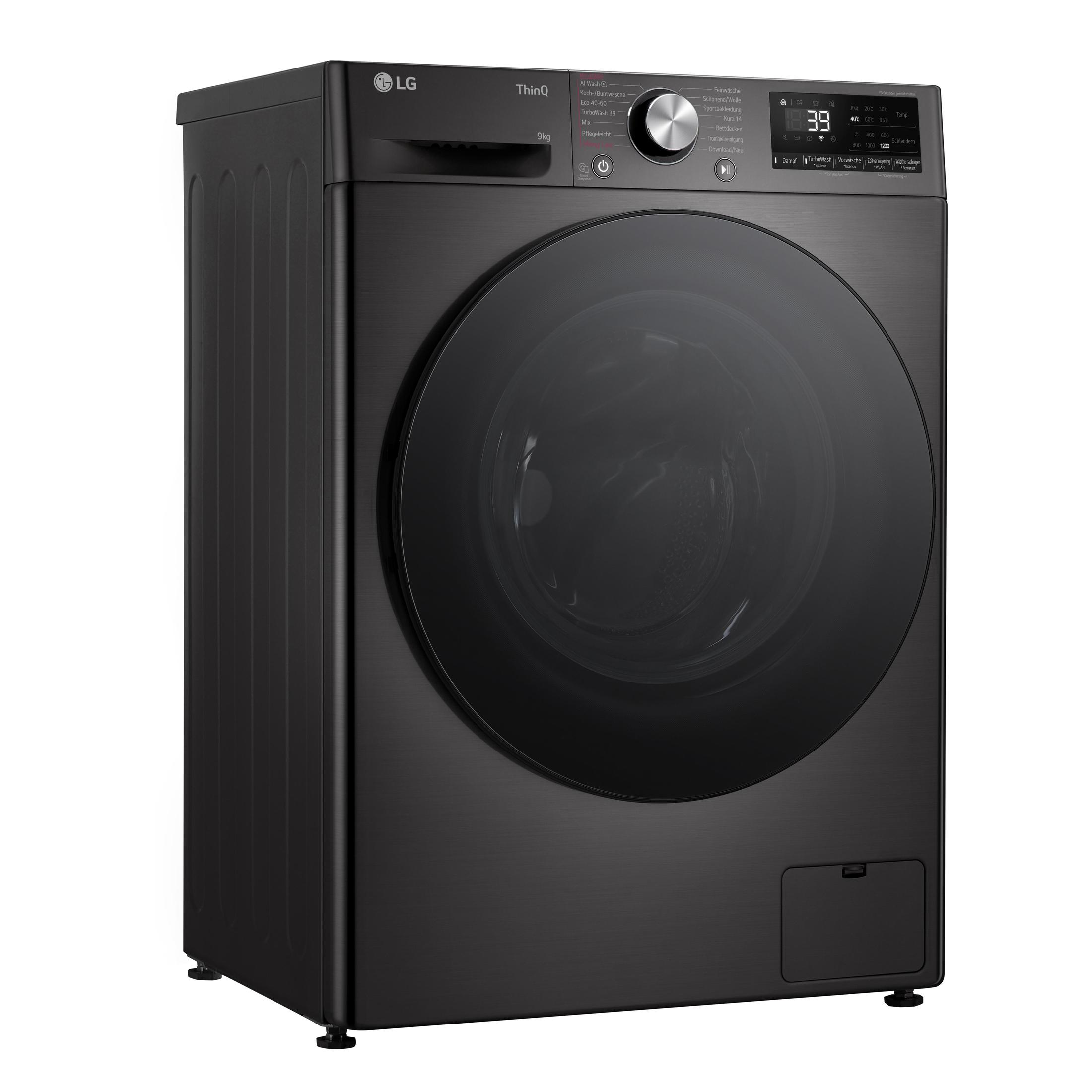 Eine schwarze LG Waschmaschine, die Tür und Bedienfeld auf weißem Hintergrund zeigt.