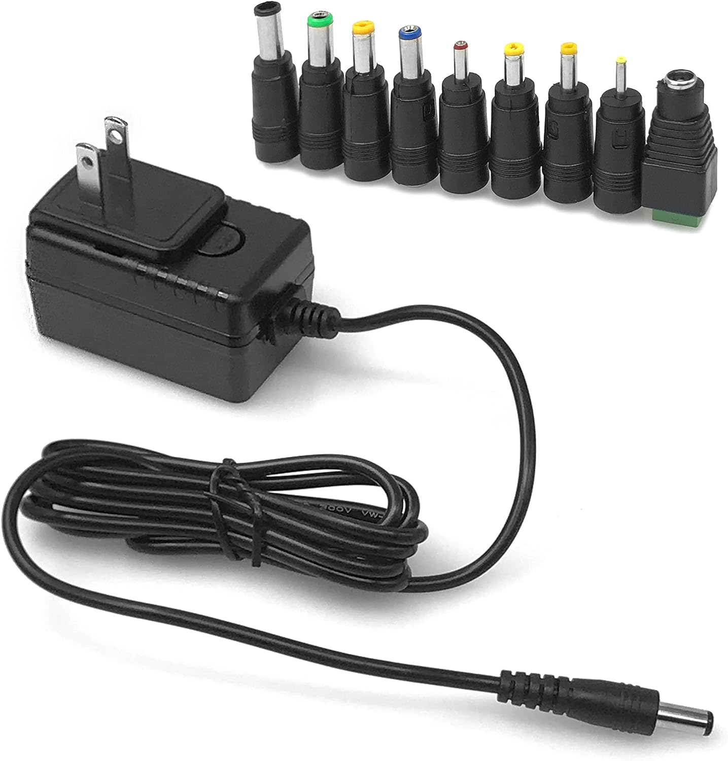 Schwarzes Netzteil mit mehreren Spitzen und einem langen schwarzen Kabel.