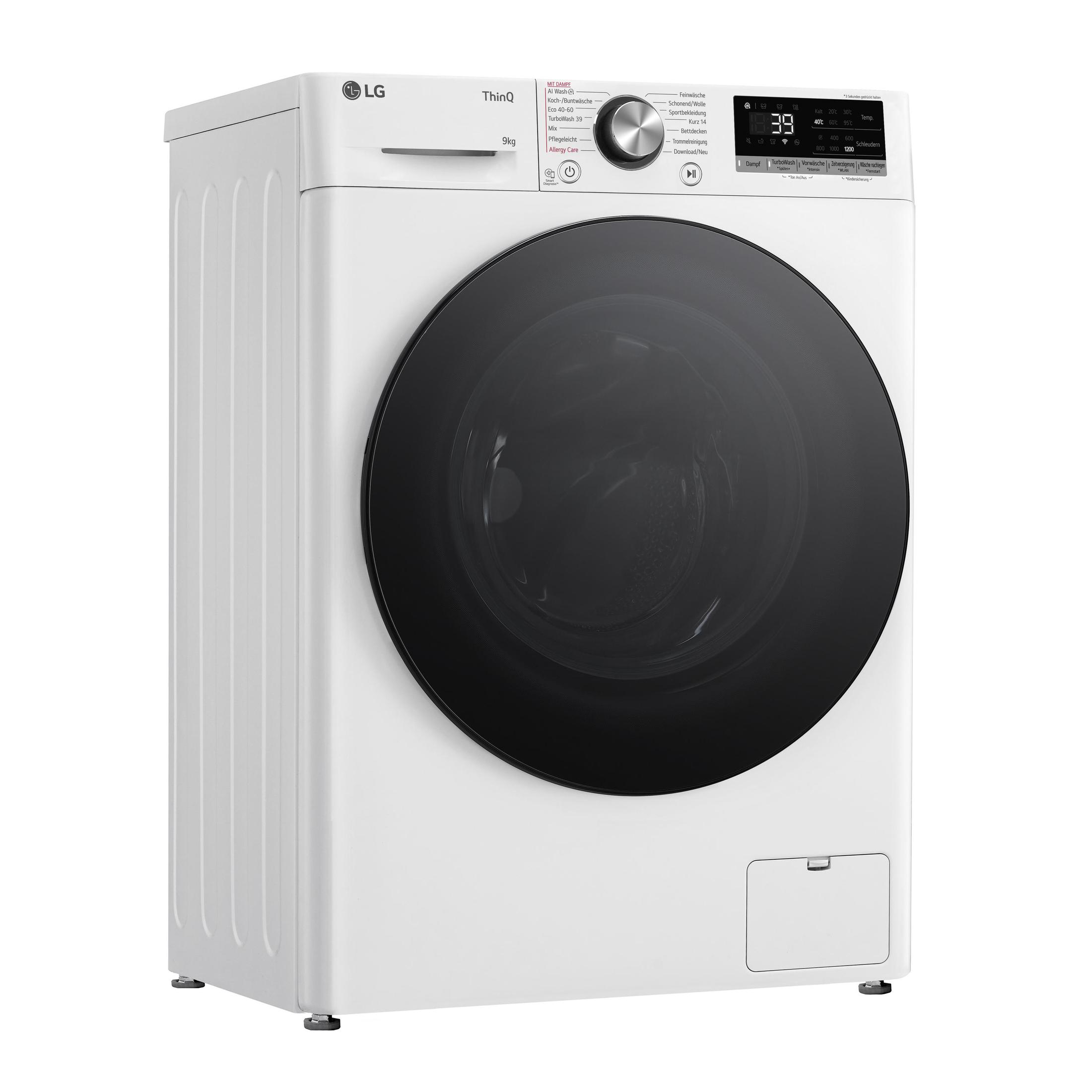 Lave-linge LG blanc avec porte noire et écran numérique sur le dessus.