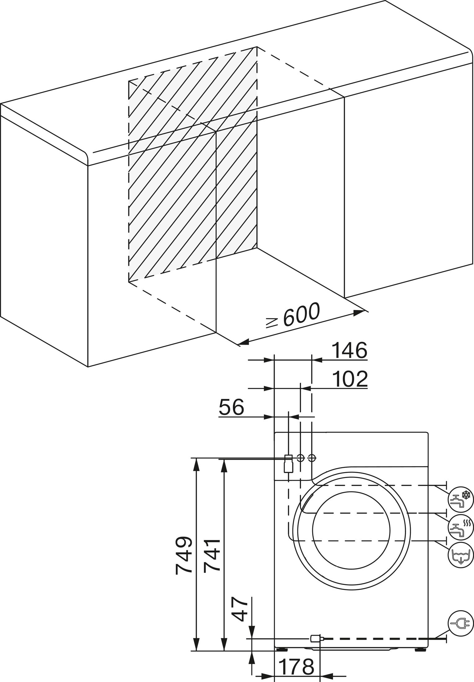 Eine schematische Zeichnung einer Waschmaschine.