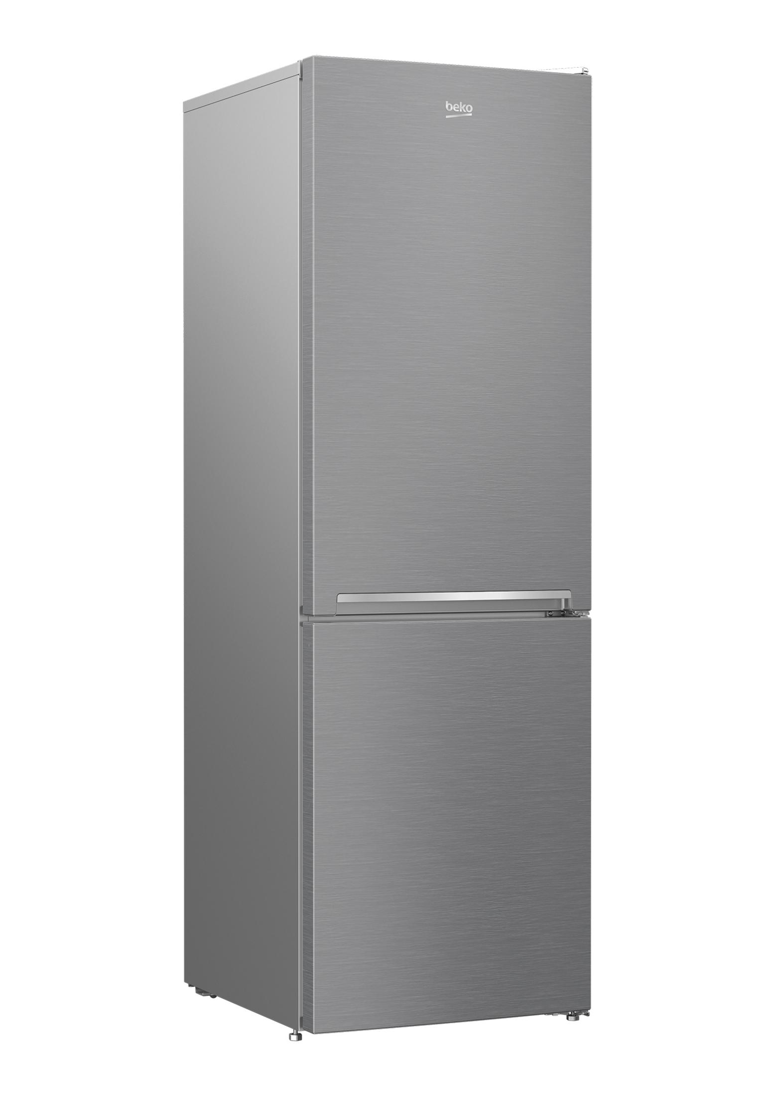 Un frigorifero Beko grigio con congelatore nella parte inferiore.