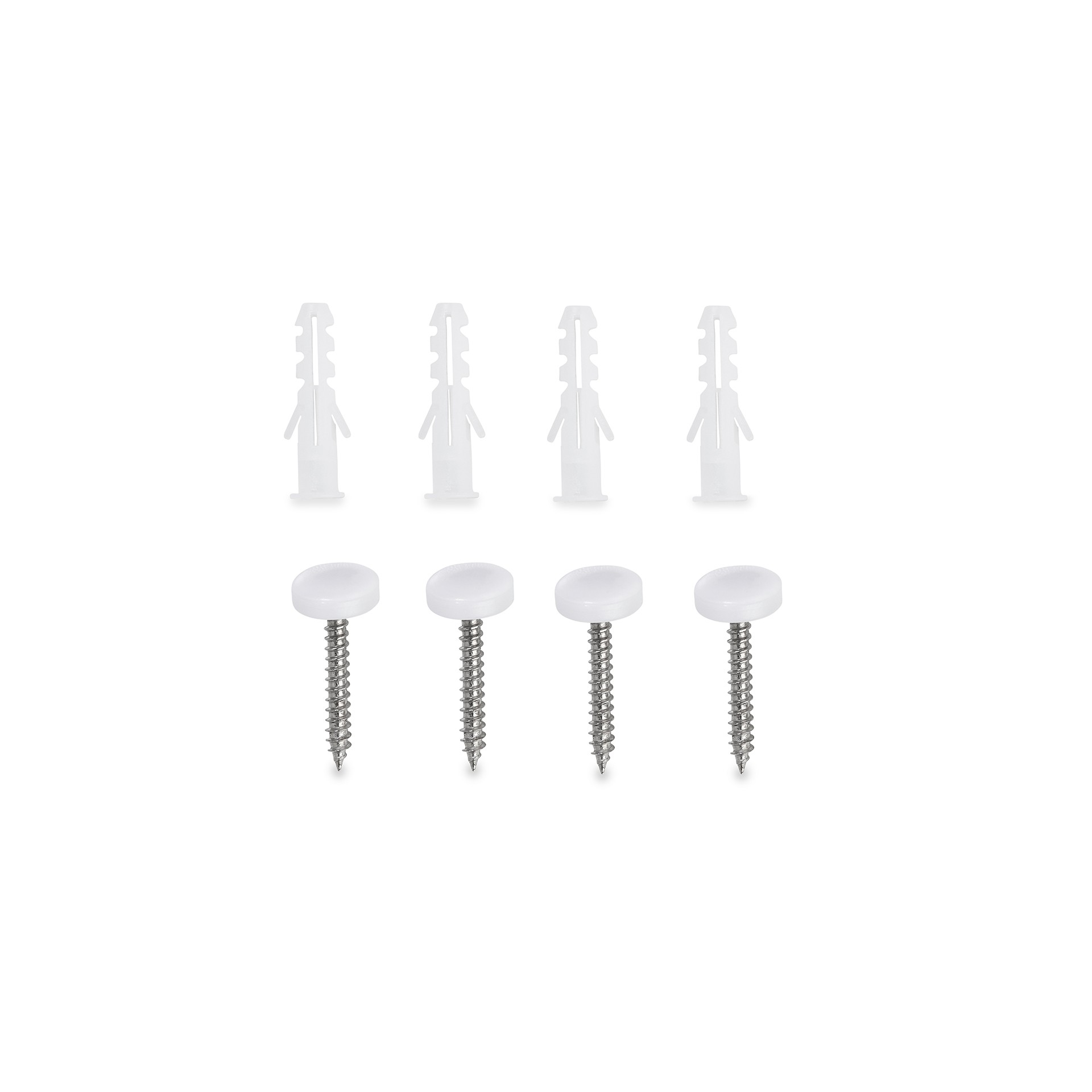 Screws and white plastic anchors are displayed on a white background.