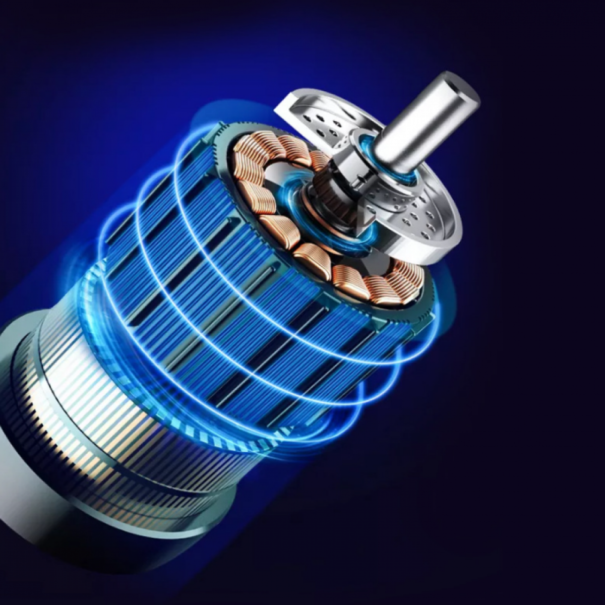 Nahaufnahme eines Motors mit Kupferspulen und blauen Neon-Highlights.