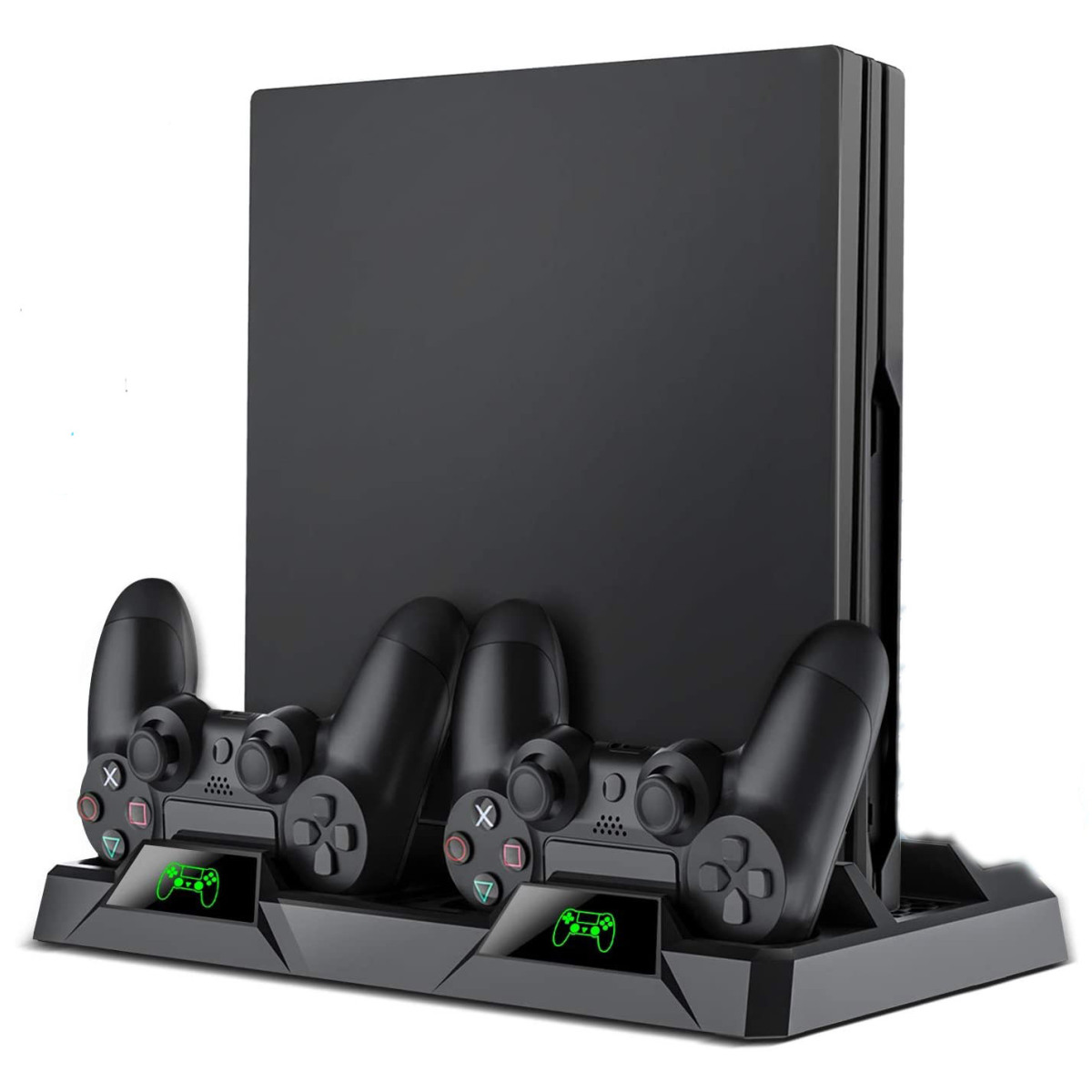 Eine schwarze Spielkonsole mit zwei Controllern, die aufgeladen werden. Es hat einen Ständer mit grünen Lichtern.