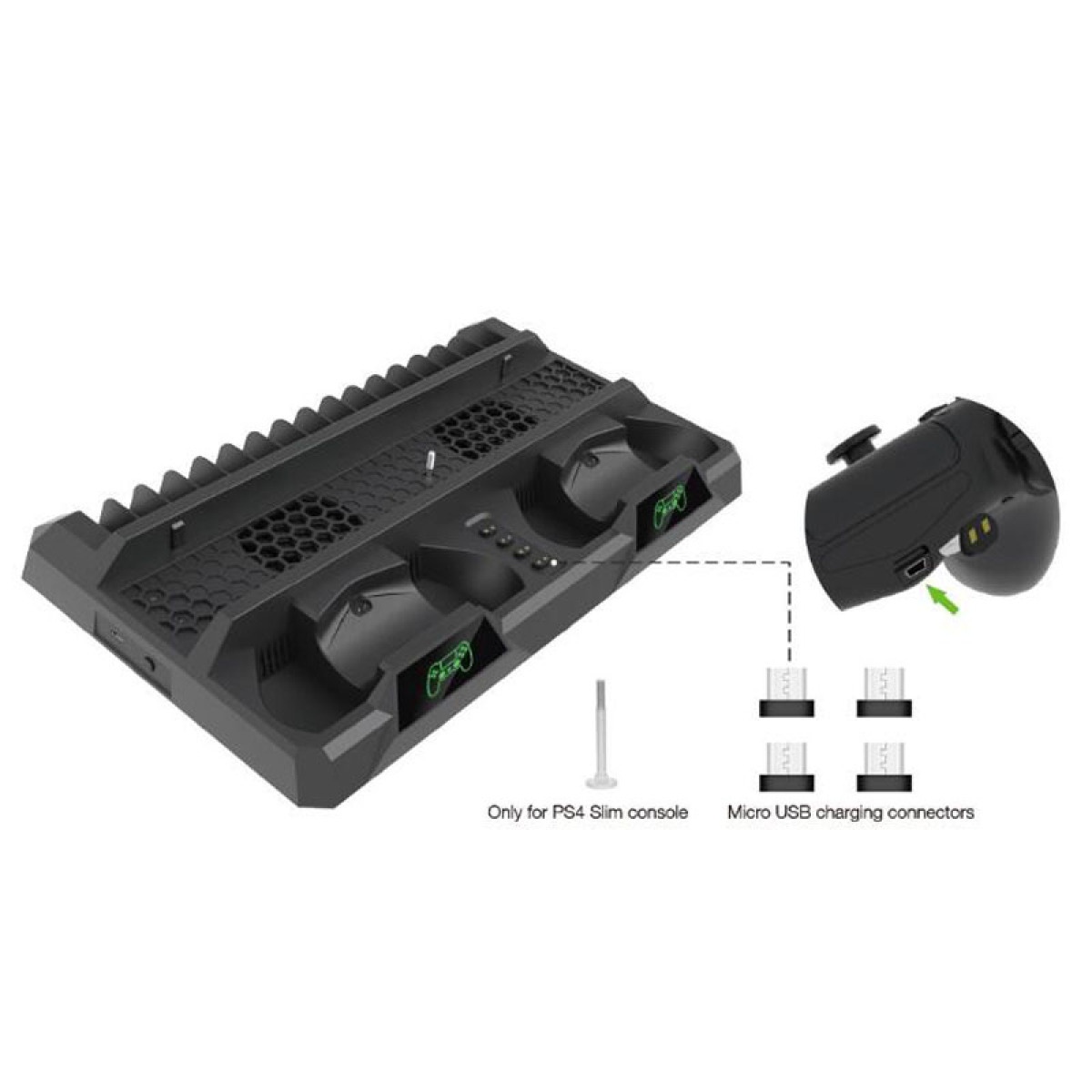 Schwarze PS4 Slim-Konsole Ladestation. Enthält zwei Ladeschlitze, Ladeanschlüsse, eine Schraube und ein Ladekabel.