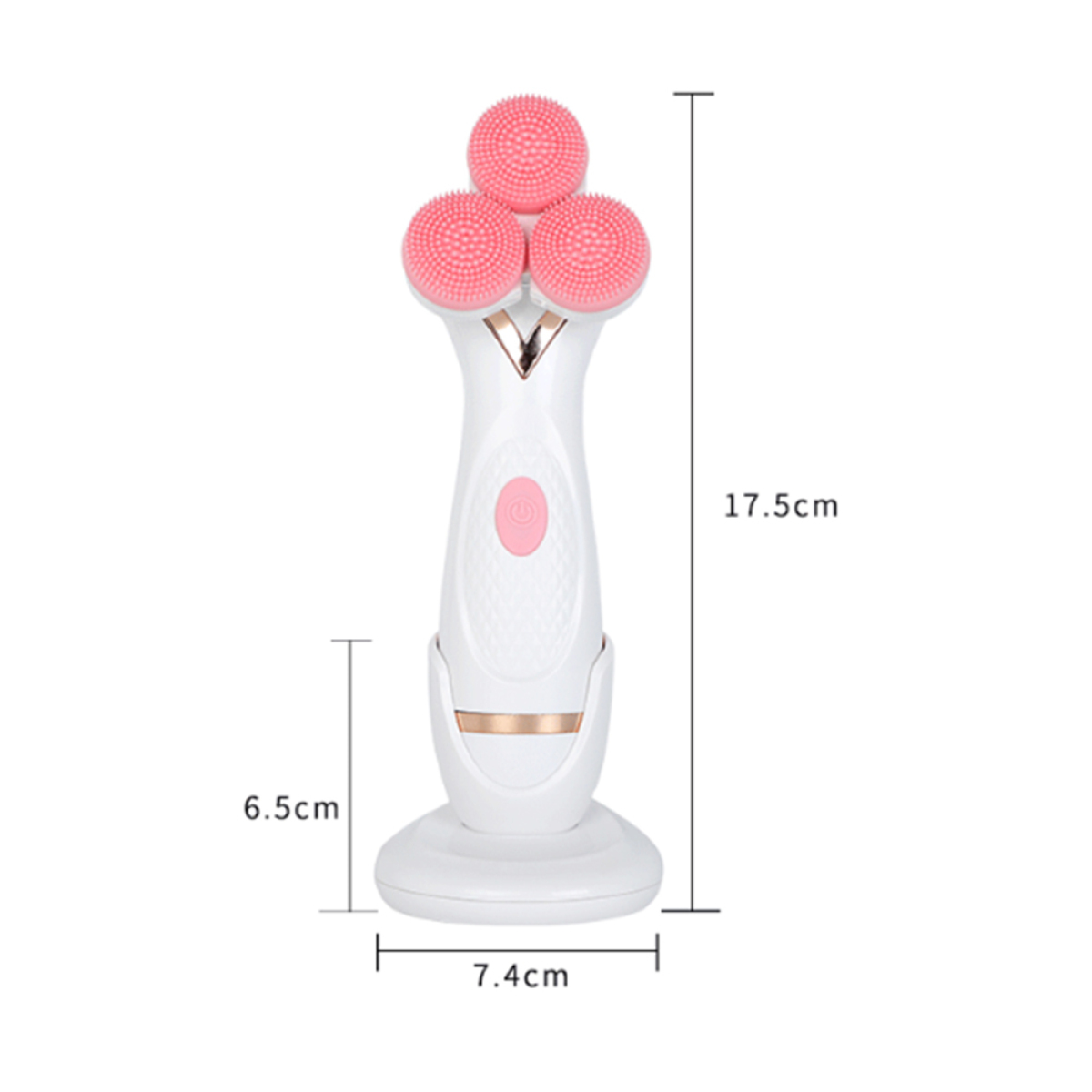 Gesichtsreinigungsbürste mit drei rosa Rundbürsten und weißem Sockel. Abmessungen werden angegeben.