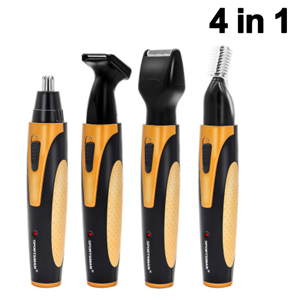 Vier Pflege-Tools: Nasenhaartrimmer, Bartschneider, Rasierer und Augenbrauentrimmer.