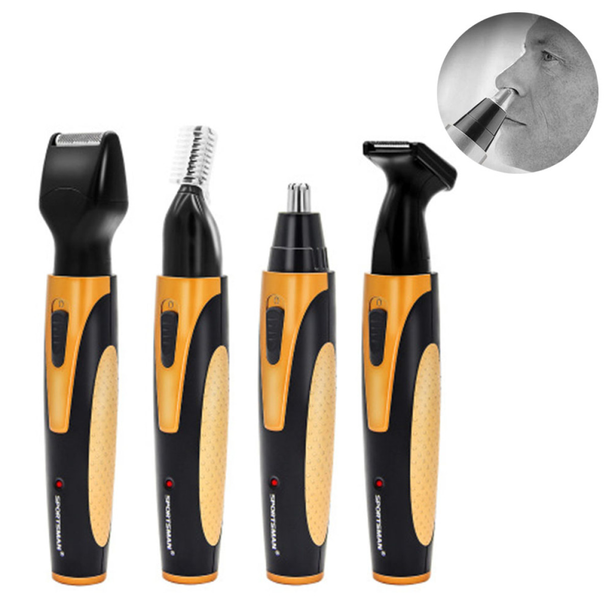 Vier schwarze und orangefarbene Pflegeutensilien zum Trimmen von Haaren. Ein Trimmer, ein Nasenhaartrimmer und ein Rasierer.
