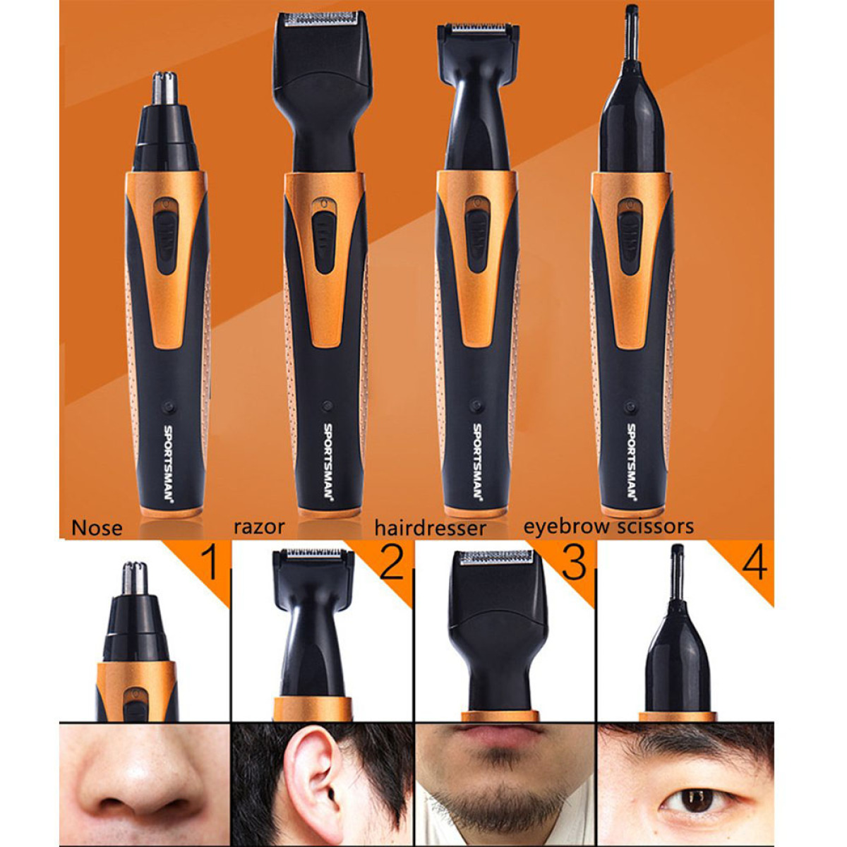Vier Pflege-Tools: Nasenhaartrimmer, Rasierer, Haartrimmer und Augenbrauenschere, mit Text.
