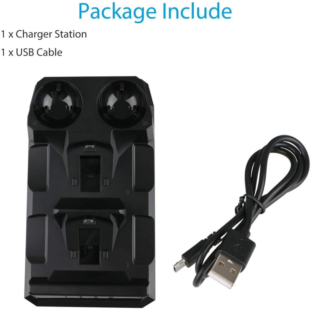 Schwarze Dual-Ladestation mit USB-Kabel. Das Paket enthält Ladegerät und Kabel.
