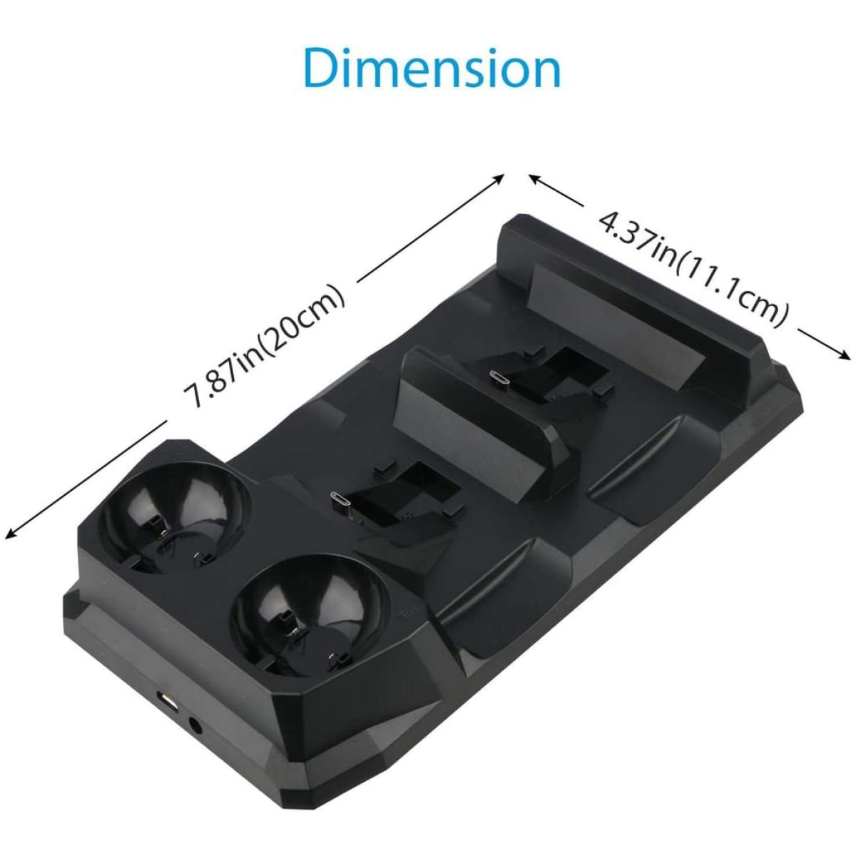 Schwarze rechteckige Ladestation. Abmessungen sind angegeben: 7,87 Zoll (20 cm) x 4,37 Zoll (11,1 cm).