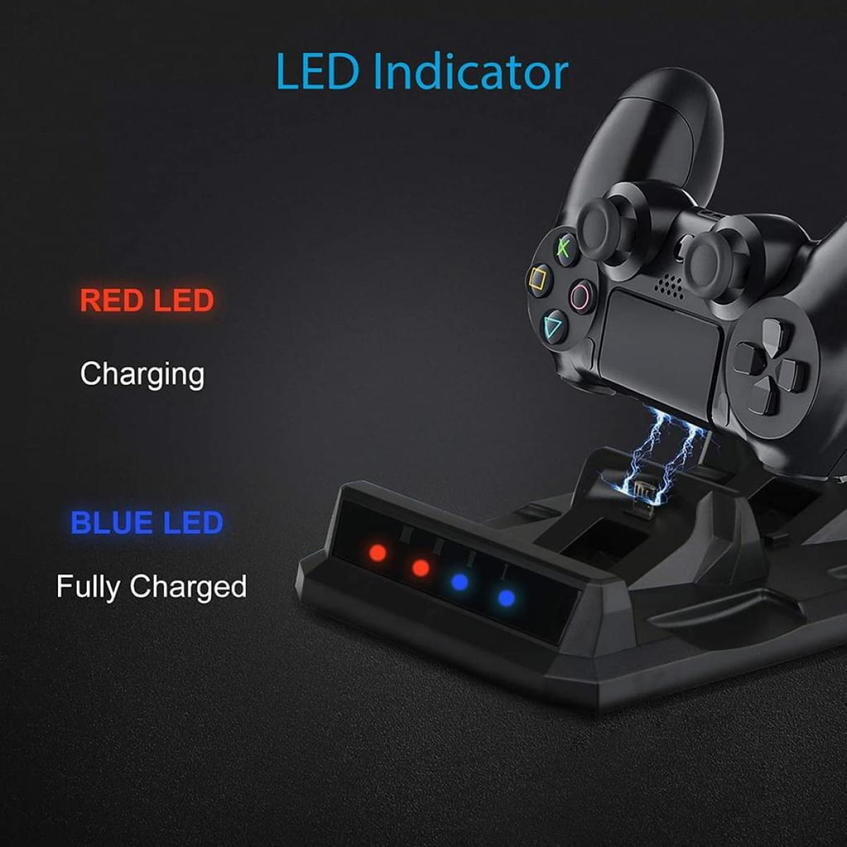 Eine schwarze Ladestation für einen Controller. Rote und blaue LEDs zeigen den Ladestatus an.