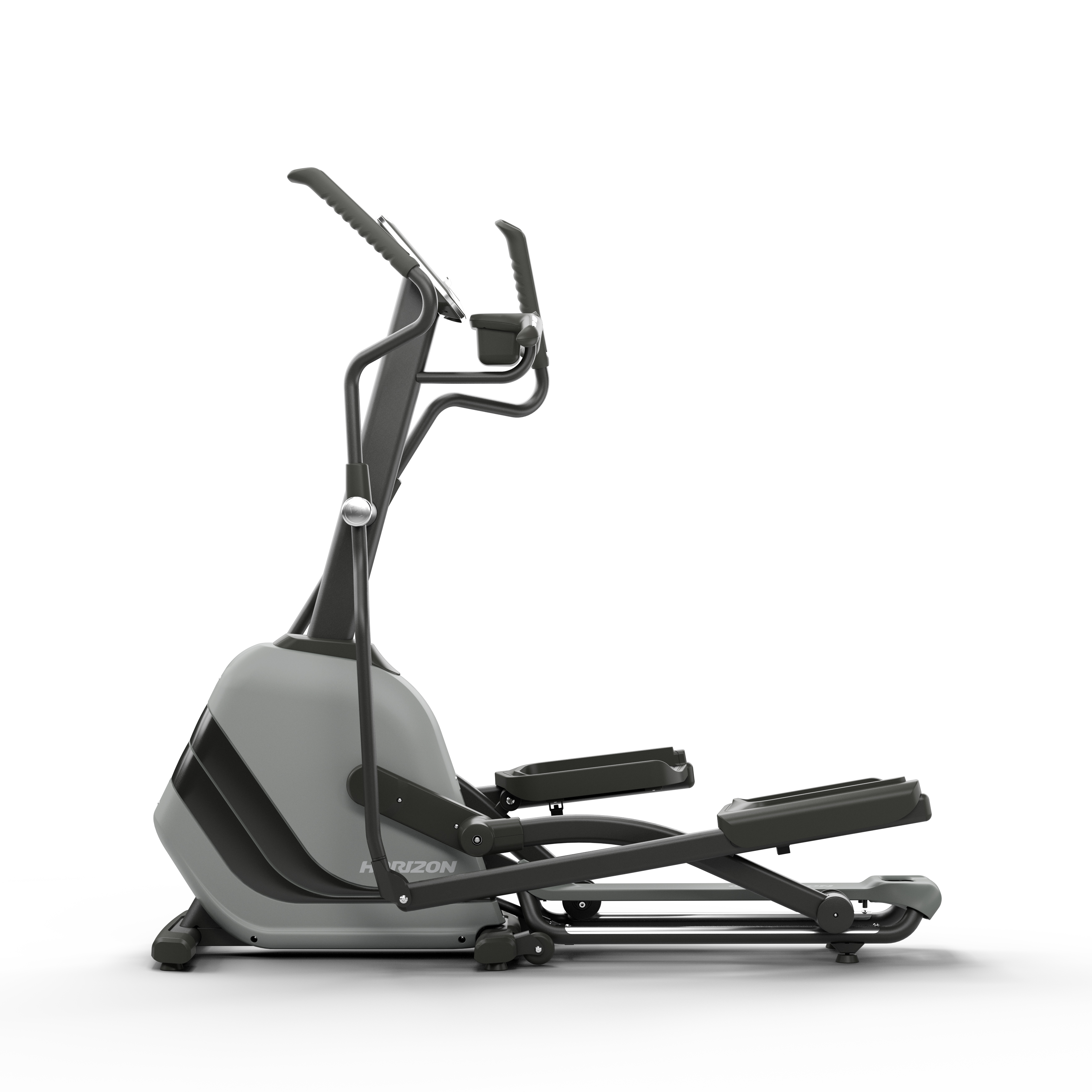 Szara maszyna eliptyczna na białym tle, z uchwytami, pedałami i logo 'Horizon'.