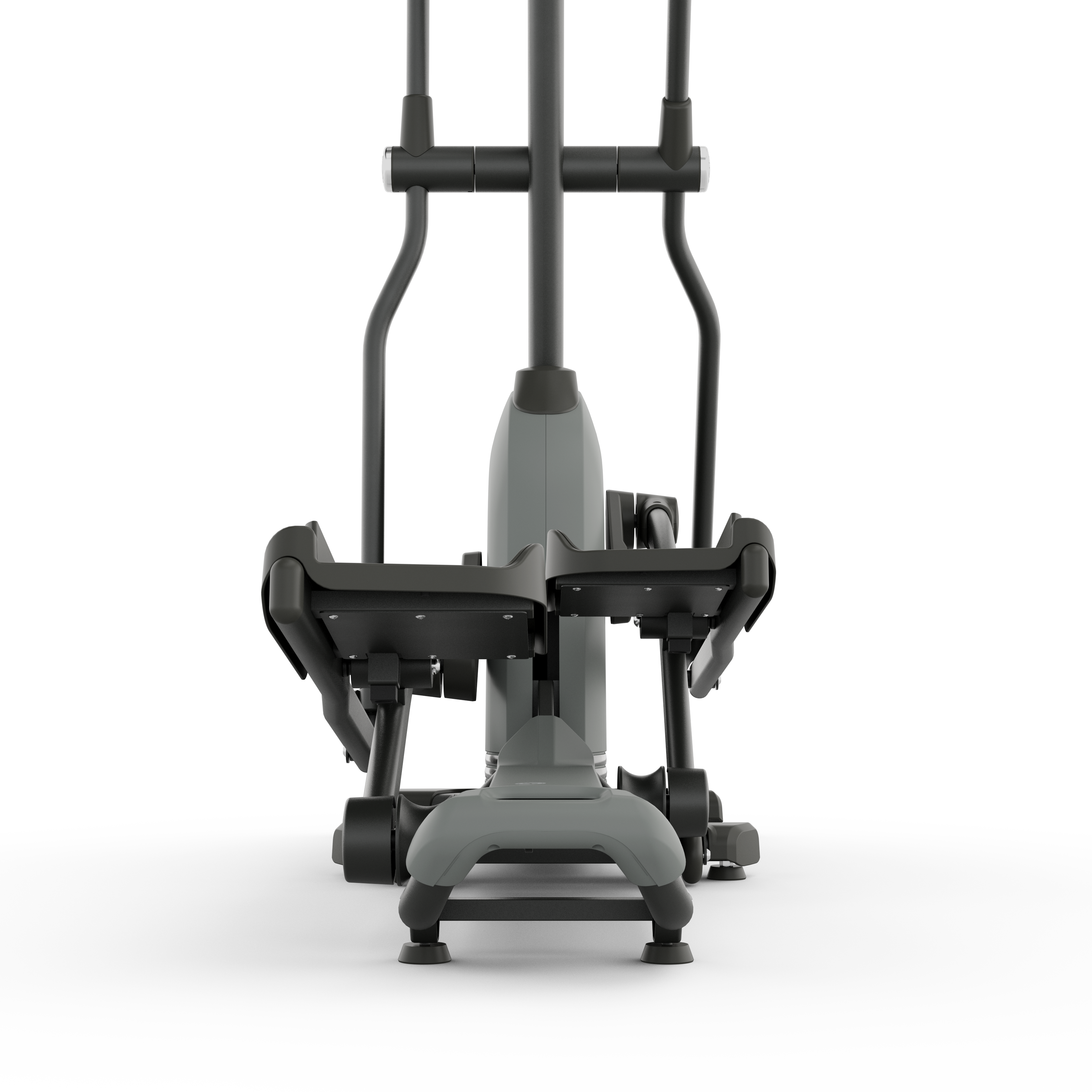 Maszyna eliptyczna na czarnym tle. To szaro-czarna maszyna do ćwiczeń.