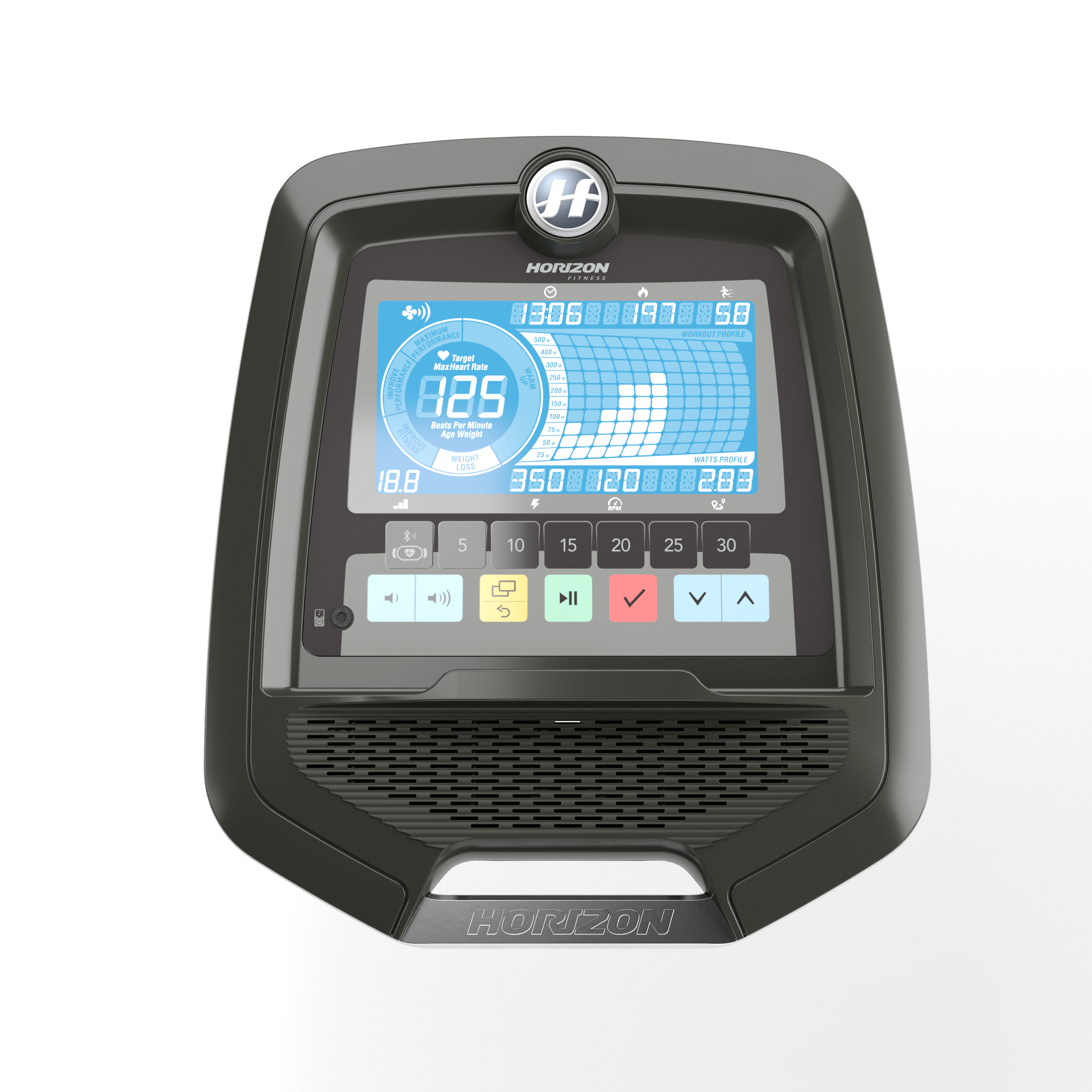 Ekran maszyny do ćwiczeń wyświetlający dane treningowe i elementy sterujące, z logo Horizon.