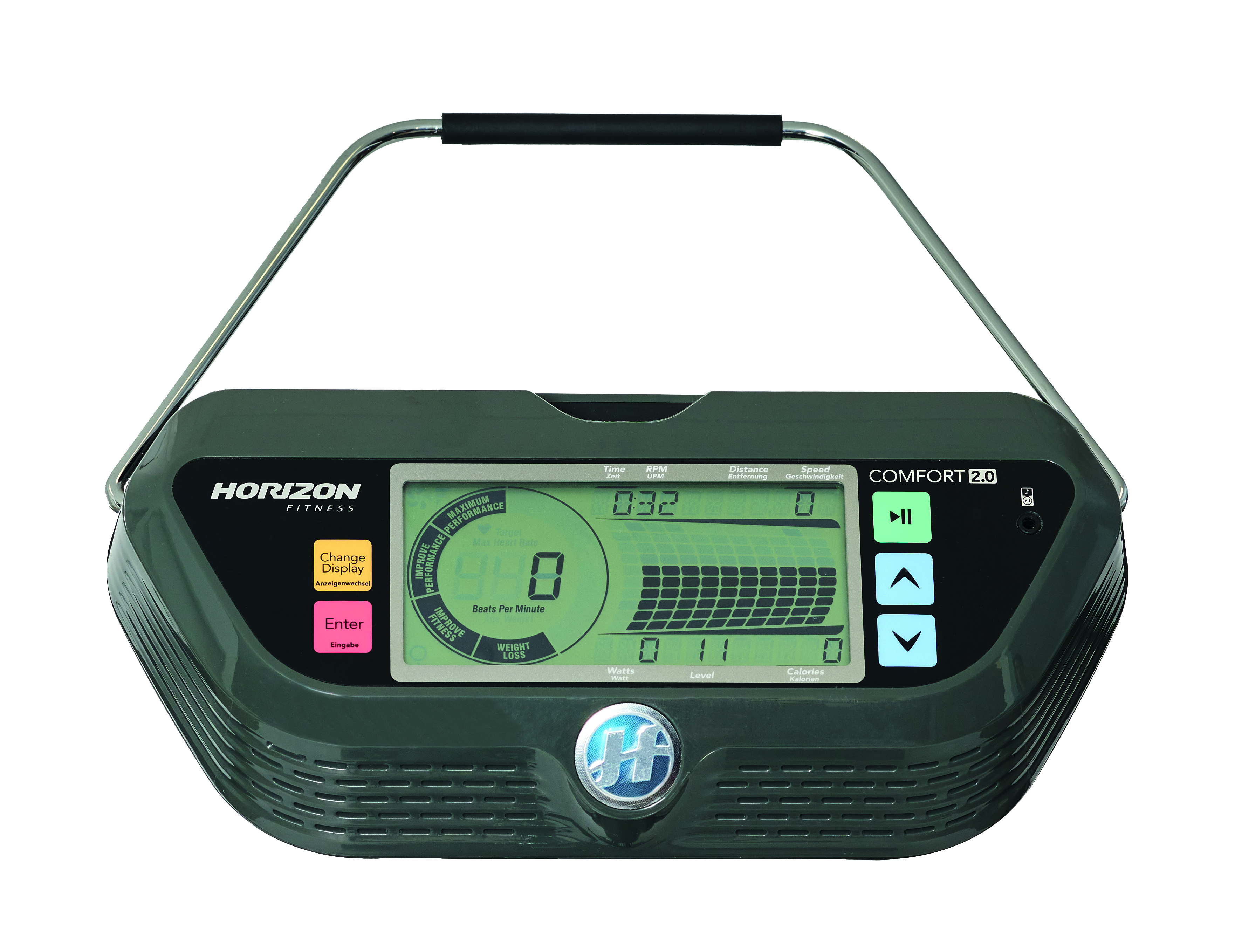 Czarna konsola bieżni z wyświetlaczem.