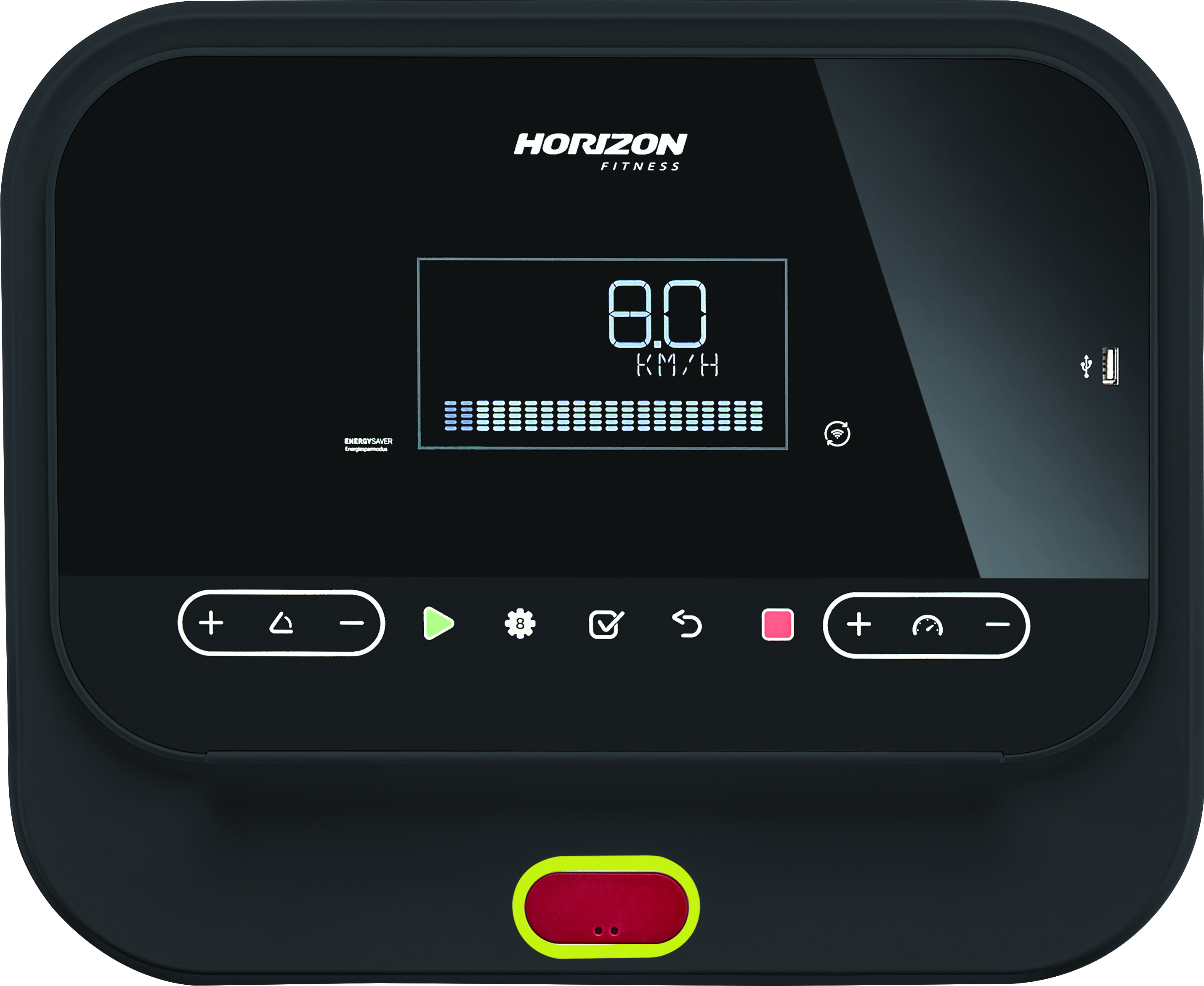 Close-up of a treadmill console displaying speed and control buttons.