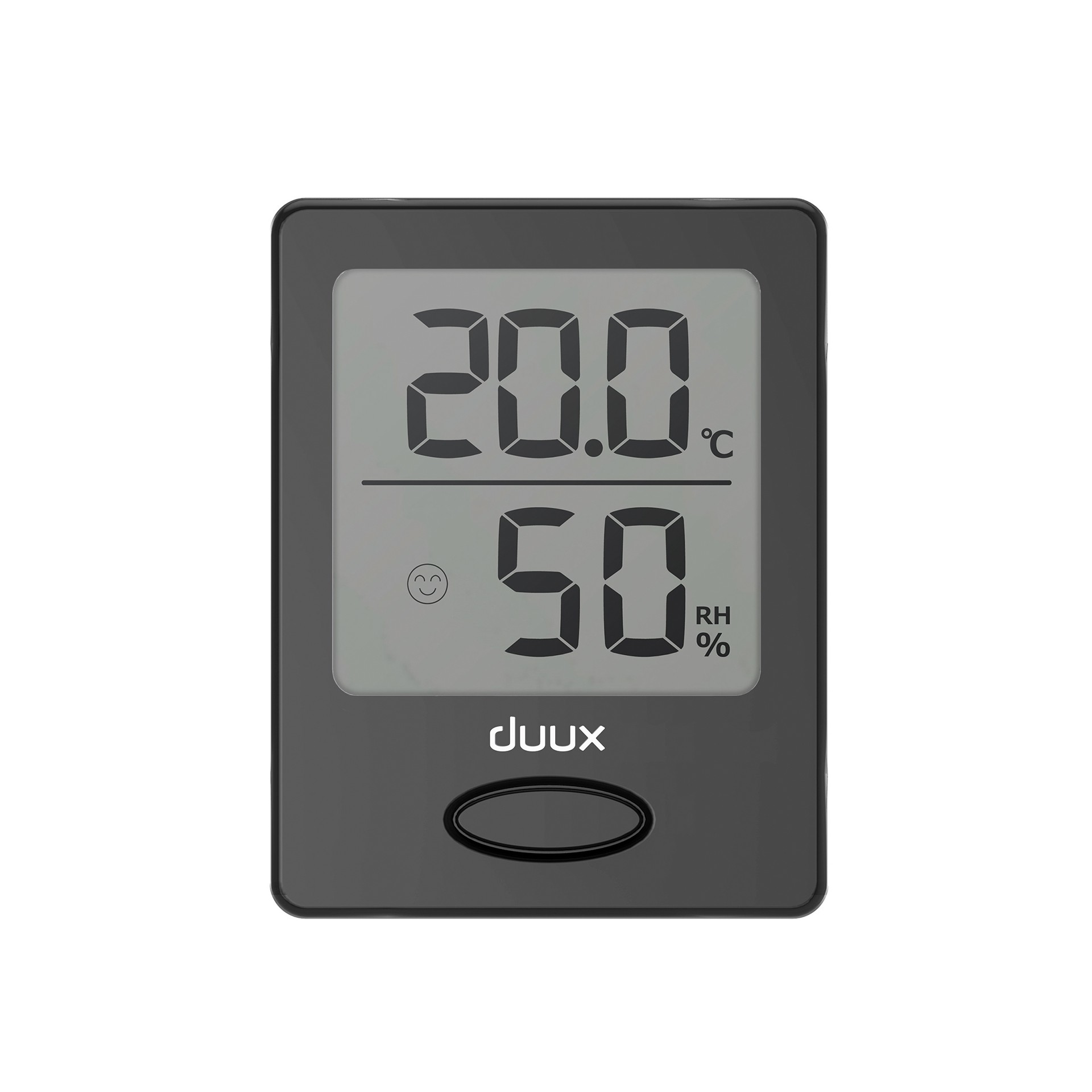 Un termómetro digital negro que muestra 20,0 grados Celsius y 50% de humedad. Tiene una carita sonriente.